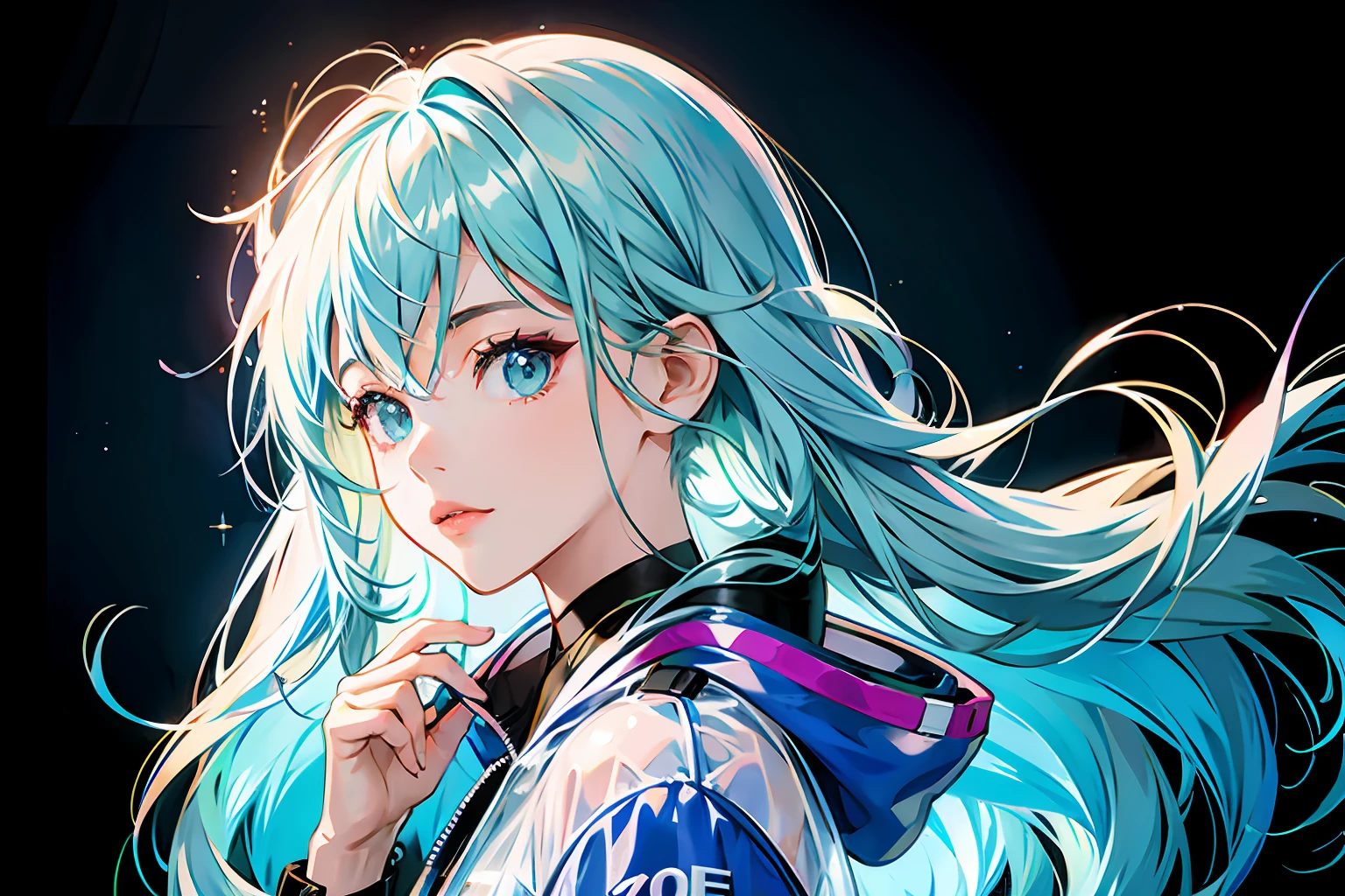 An anime girl, looking at viewer, bubbles, highly detailed, reflective transparent iridescent opaque jacket, long transparent iridescent RGB hair