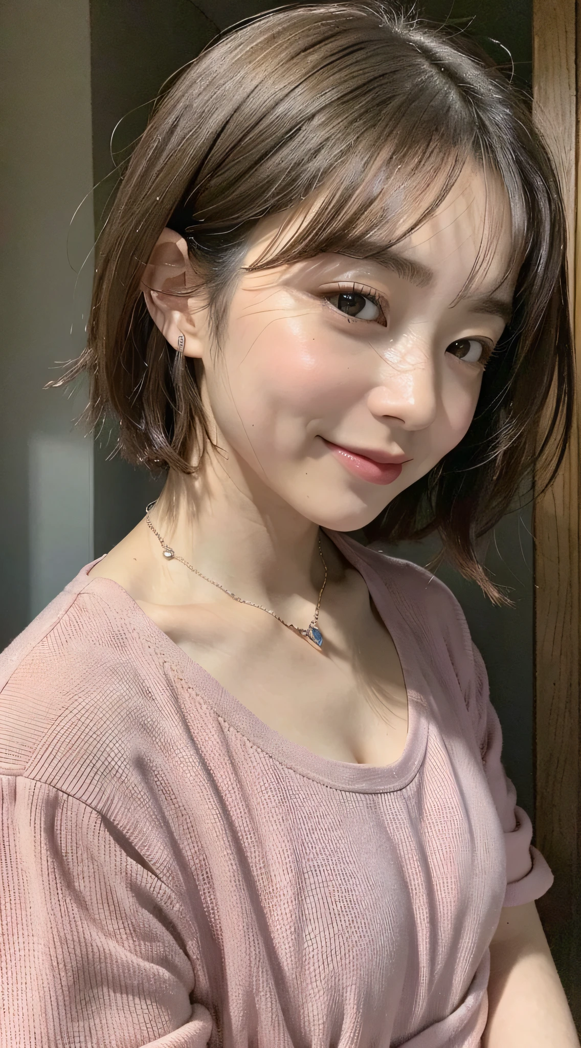 ((Top Quality, 8k, Masterpiece: 1.3)), 1 Girl, Beautiful Woman, (Short Hair, Small Breasts: 1.2), Super Delicate Face, Delicate Eyes, Double Eyelids, Smile, Home, Love Me, Love, Sweetheart, Cute Japan Woman Pictures, Small Breasts, Very Short Bob Hair, Upper Body, Face Focus, (oversized_shirts, A: 1.1) Necklace, Tokyo, fetal position, lover