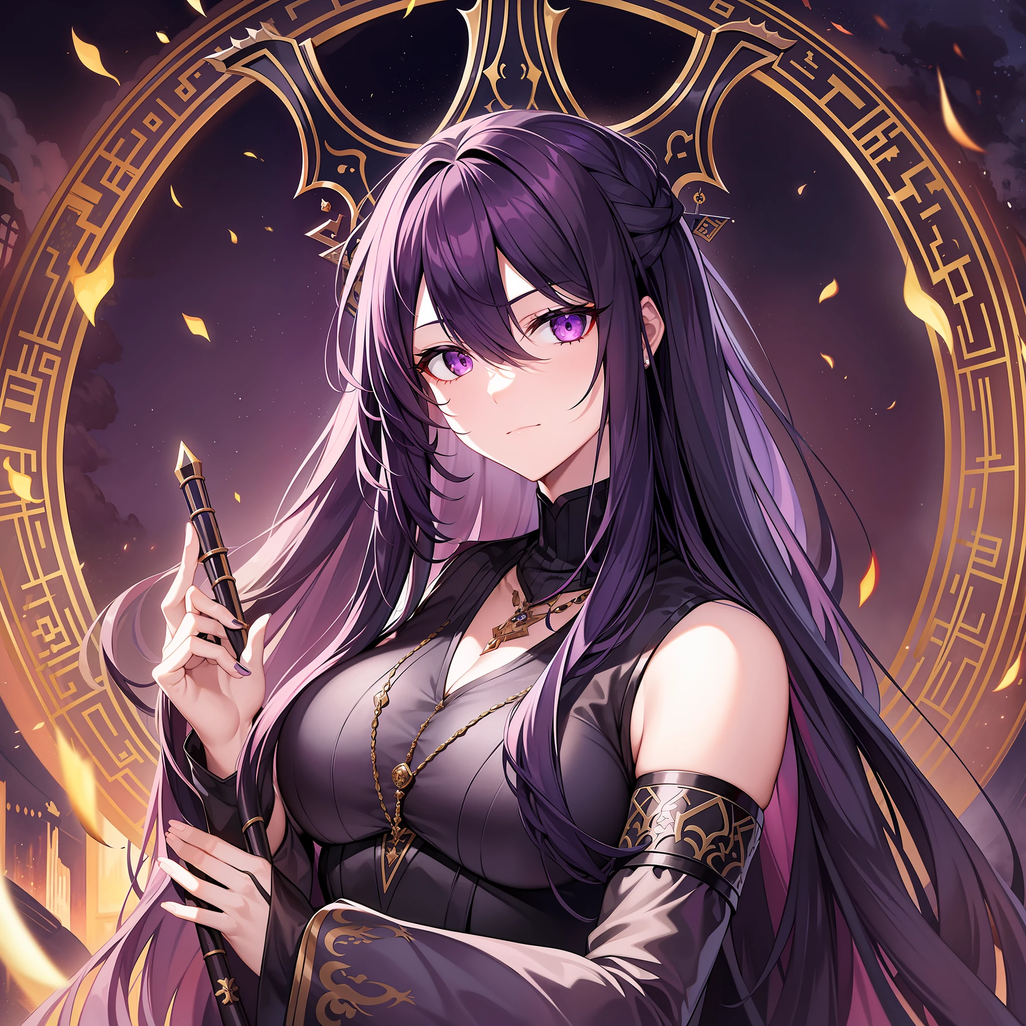 Character expressions: mysterious, calm, haughty, sharp eyes, exuding a deterrent power.
Hairstyle and color: Long dark purple hair, draped behind the back, looks very independent and firm.
Clothing style and color: Wearing a black robe, the silver moon pattern looks very sharp on the black half-moon base.
Accessories on the figure: a silver moon necklace, with her long hair, brilliant but powerful.
Character pose: Holding a scythe, staring deeply ahead, as if watching the ritual progress. Surrounded by an altar and candles, the atmosphere is solemn and solemn.
Environment: In front of the altar, surrounded by a circle of candles and runes, the atmosphere is mysterious and solemn.
Atmosphere: mysterious and dignified
Environmental features: Surrounded by runes and sacrifices, it means that this is a huge ritual that makes people chill.
Ambient time: midnight.