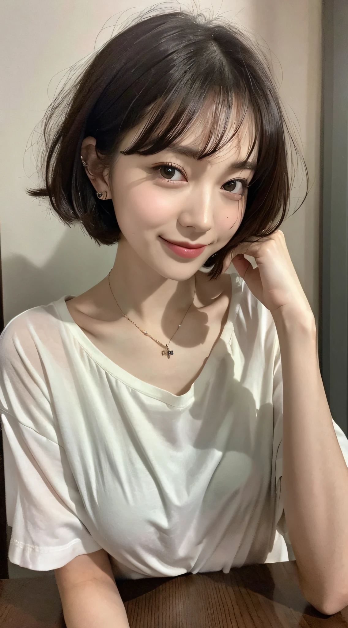 ((Top Quality, 8k, Masterpiece: 1.3)), 1 Girl, Beautiful Woman, (Short Hair, Small Breasts: 1.2), Super Delicate Face, Delicate Eyes, Double Eyelids, Smile, Home, Love Me, Love, Sweetheart, Cute Japan Woman Pictures, Small Breasts, Very Short Bob Hair, Upper Body, Face Focus, (oversized_shirts, A: 1.1) Necklace, Tokyo, fetal position, lover