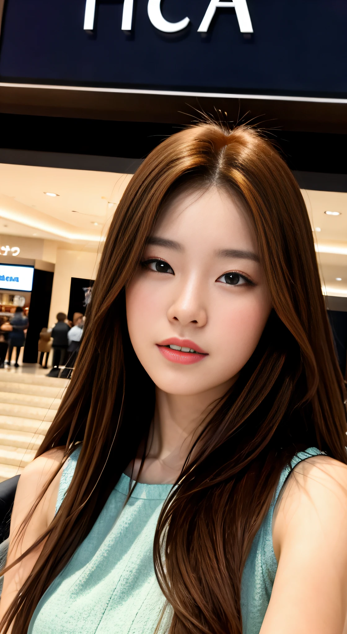 [Person, Perfect Figure: 0.96, Big Breasts: 1.65, Brown Hair: 0.6, Female: 0.65, Slimming Face: 1.12, Star Face: 0.71, Medium Long Hair], [Background in Mall, Standing, Indoors, Background Escalator, Background Shelf, Soft Light], [Ultra HD, Retina Screen, Masterpiece, Accurate, Anatomically correct: 1.2, Skin texture: 0.65, Very detailed: 1.3, Detailed face: 1.2, High detail: 1.2, High quality, Best quality, High resolution, 8k, Wallpaper]