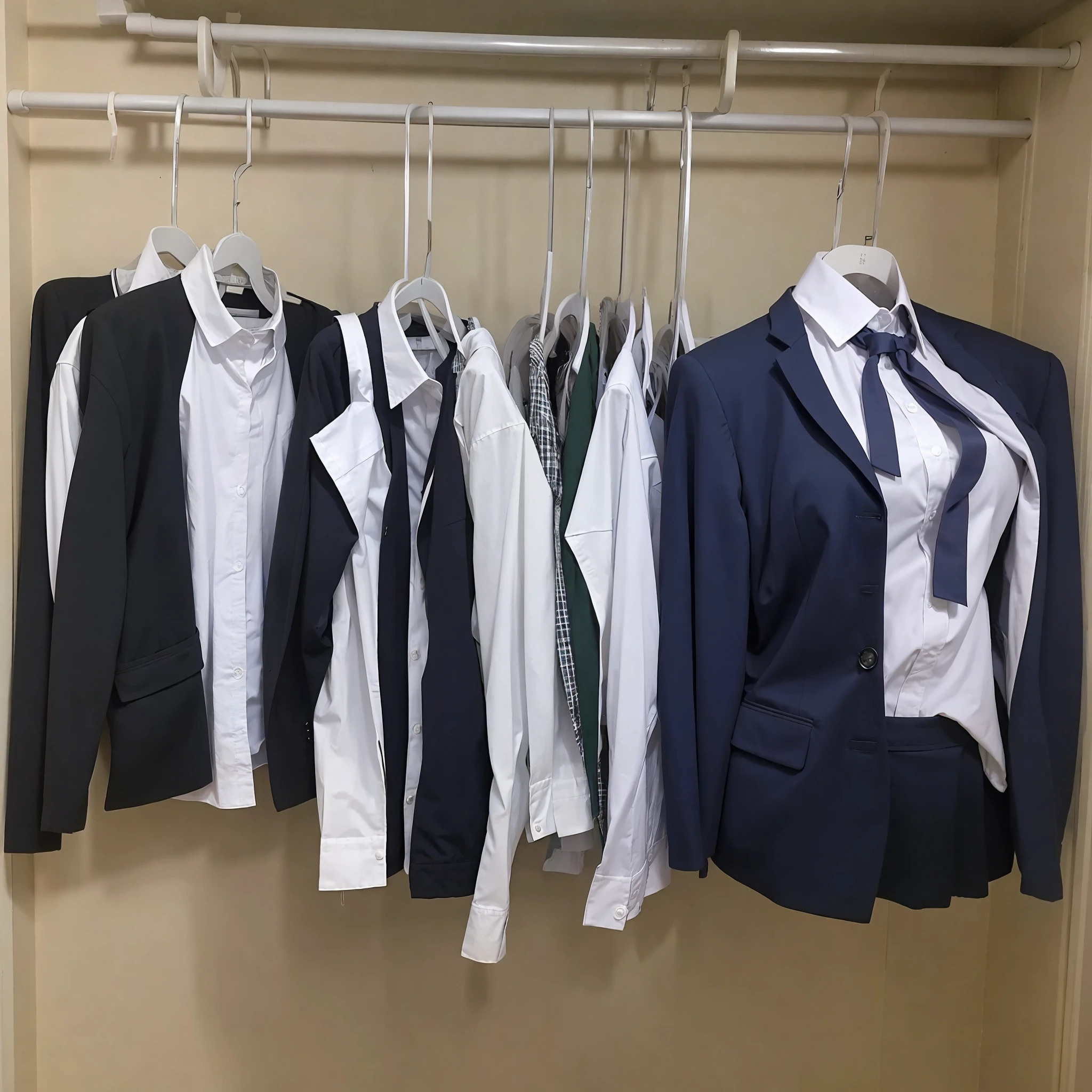 hanger school uniforms in closet raise their sleeves as if invisible girl wear it, school uniforms swells as if possessed by invisible girls, school uniforms have huge breasts, (((((no humans))))), (headless), faceless, invisible girls, (hanger), (in closet), hand on hip, (masterpiece), invisible, huge breasts
