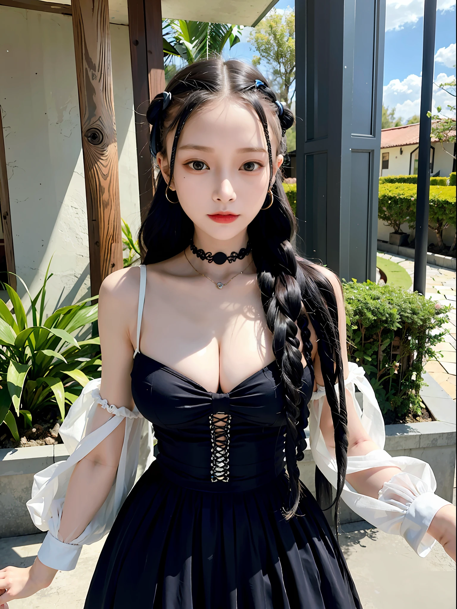 best quality, ultra hi res, photoreaslistic, a photography of a beautiful woman, 20yo age, detailed face, black Dutch braids with twists, (detailed porcelain doll,delicate clothes with a lot of frills and ribbons), Mansion pool, (face close up), seductive look, looking at viewer