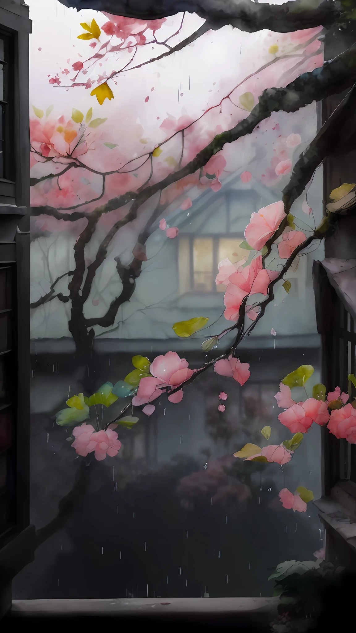 (watercolor style, spectral art) + vista (a begonia tree in the background, wind and rain and falling flowers everywhere, begonia flowers falling, flowers raining everywhere, beautiful depiction, beautiful composition) (rich gorgeous colors in the distance) + (smudge splashing) + (clear light and shadow swaying dynamics), from above, wide-angle lens --auto --s2