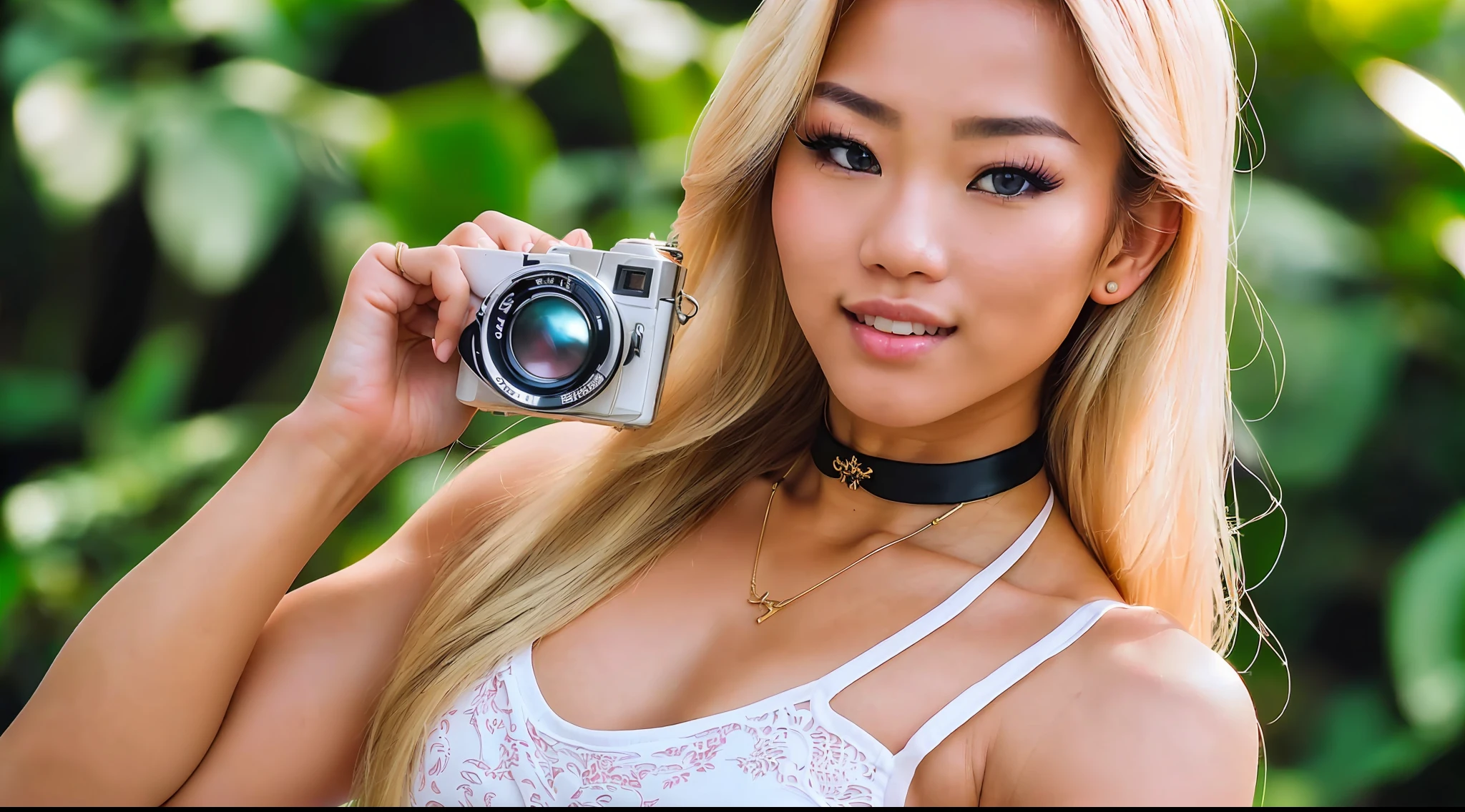 Five young beautiful Thai women, blond hair, bodybuilder physique, taking selfie, masterpiece, best quality, ultra-detailed, cheerful, happy, (look at viewer:1.2) (skin texture), cinematic, Key light, backlight, natural lighting, photography 400 ISO film grain 30mm lens RAW aperture f1.8, art photographer, medium intricate print, choker