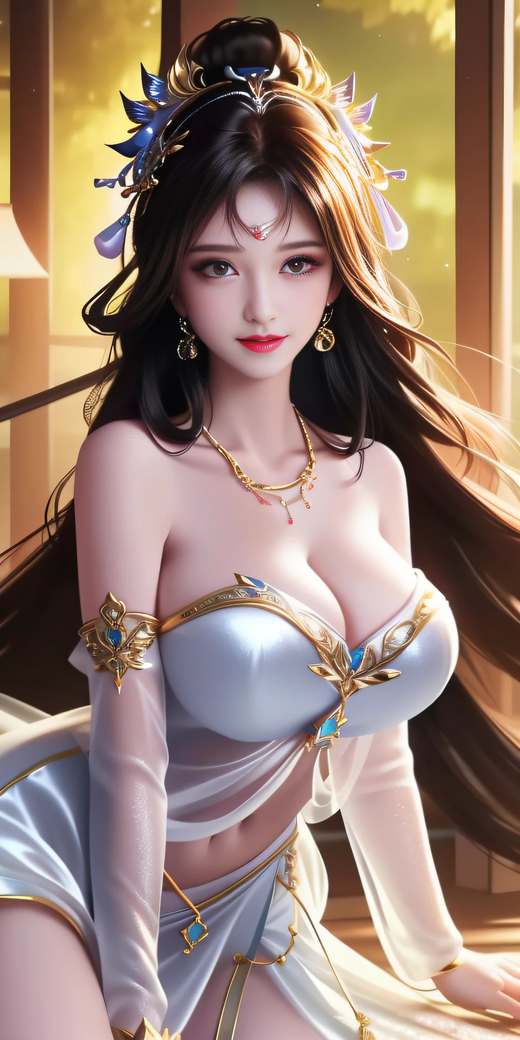 Best quality, masterpiece, high resolution, 1girl, clear silk porcelain dress, beautiful face, hair accessories, looking at the audience, smiling, close your mouth, lips, dress, hair accessories, necklaces, jewelry, long hair, earrings, beautiful face, Full body, ((huge breasts, cleavage)), Tindal effect, realism, dark studio, edge lighting, two-tone lighting, (high detail skin: 1.2), 8k UHD, DSLR, soft light, high quality, volumetric lighting, photo, high resolution 4K, 8k, blurred background