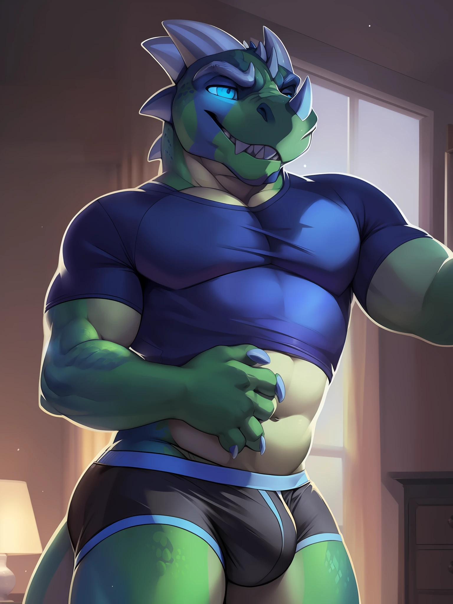 solo, male, (muscular:0.7), (male anthro dragon):1.3, (standing submissive pose):1.3, (kemono:0.6), detailed eyes, large tail, horns, ((bust portrait)), (explicit content), (nsfw), (tee shirt, briefs), (detailed eyes, blue eyes, glowing eyes):1.1, (indoors:1.35), bedroom, day, (particles):1.3, detailed background, photorealistic, realistic hands, 8k hd, (dark shadows, wide dynamic range, hdr, low light:1.2), by (by Pino Daeni, (by ruaidri), by virtyalfobo), (best quality, masterpiece:1), furry scalie male anthro vergence, lizard, smooth body, blue teeth, wide-eyed, (dynamic angle), blue nose horn, blue ribbed eyebrows, detailed blue eyes, blue chin spikes, chin frills, spines, blue spikes going down back of neck, thick thighs,