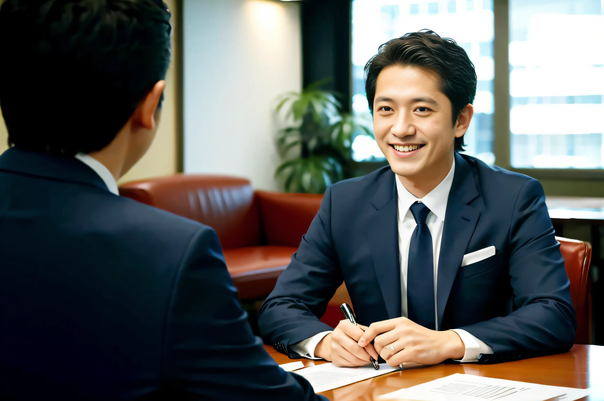(masterpiece), ultra-high definition CG unified 8k wallpaper, 4K+ resolution, (one smiling Japan man in a blue suit), (staring at the man face to face), interview, holding a pen, well-formed five-fingered, portrait of Shun Oguri, interview, Takashi Somachi, Kosuke Ono, (Japan office scene based on black and white), paper documents on the table. Plants
