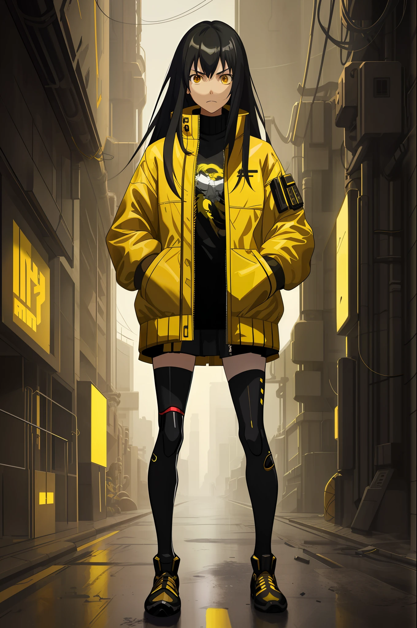 A girl, yellow jacket, black stockings, hands in pockets, staring at another person, messy long hair, cyberpunk, 8k resolution, very detailed, anatomically correct, digital painting, concept art, Makoto Shinkai style, clear picture,