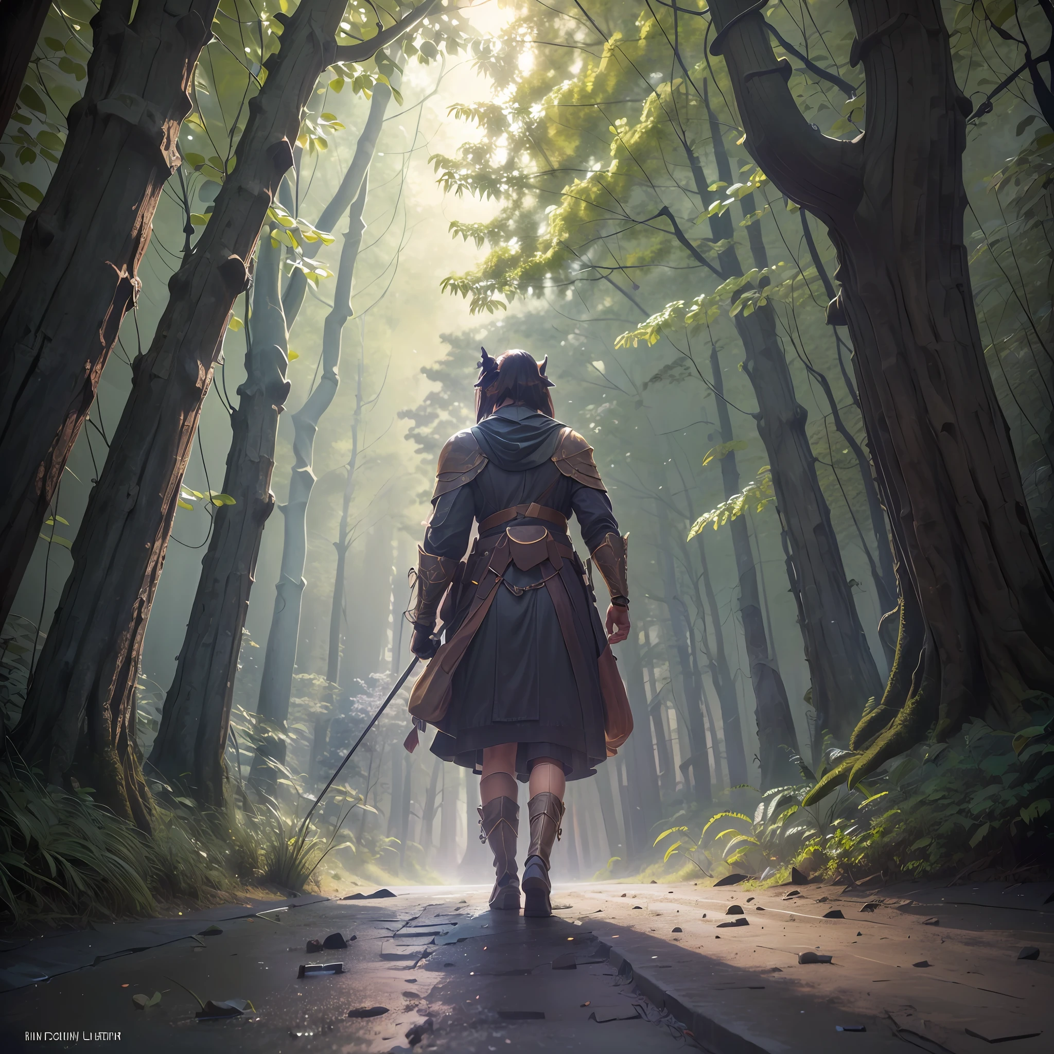 (ultra-detailed, best quality, best illustration, masterpiece, best shadow, an extremely delicate and beautiful, 16K),(a man, knight AND Wearing robe, carrying black hemp bag, fantasy, alone), (wide shot, from behind, dutch angle:1.3),rain AND forest, cave BREAK dark