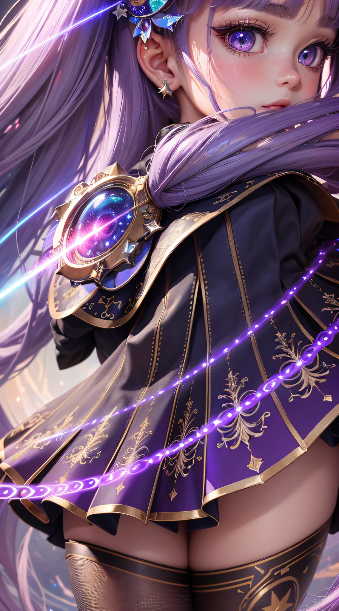 (Masterpiece, exquisite, with a plethora of details and the highest image quality),Colorful background,1girl,close-up,Very large eyes,color gradient hair,(skirt laser:1.2),Pantyhose,laser,laser shining star,beautiful detailed water,bust,loli,twintails,hair bow,star hair ornament,longeyelashes, --auto --s2