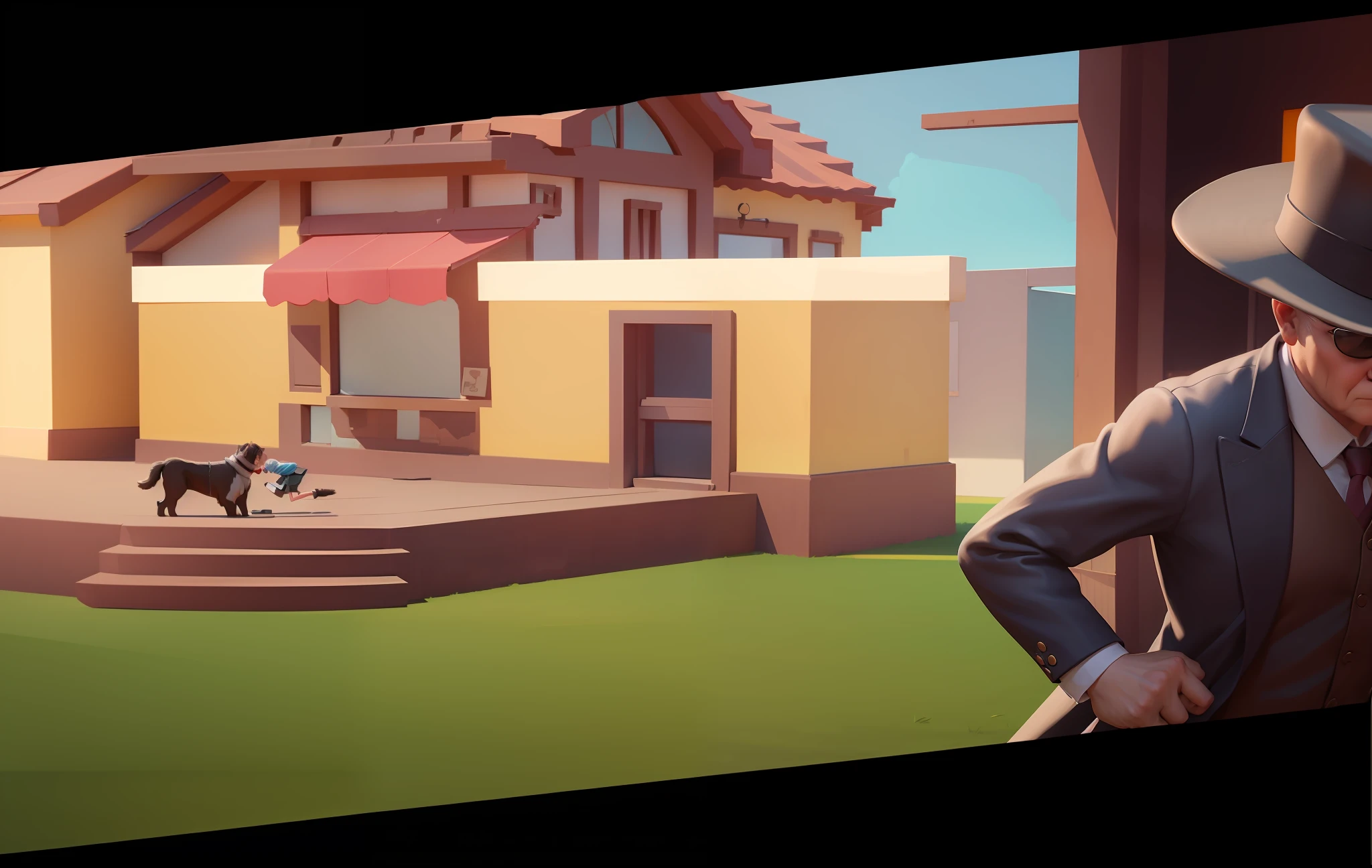A girl leads the dog over, a fainted man, can't see the face of the man in black, Pixar style, Disney style, ruined house, collapse, cartoon, perfect details, OC renderer, dribble high detail 8k,