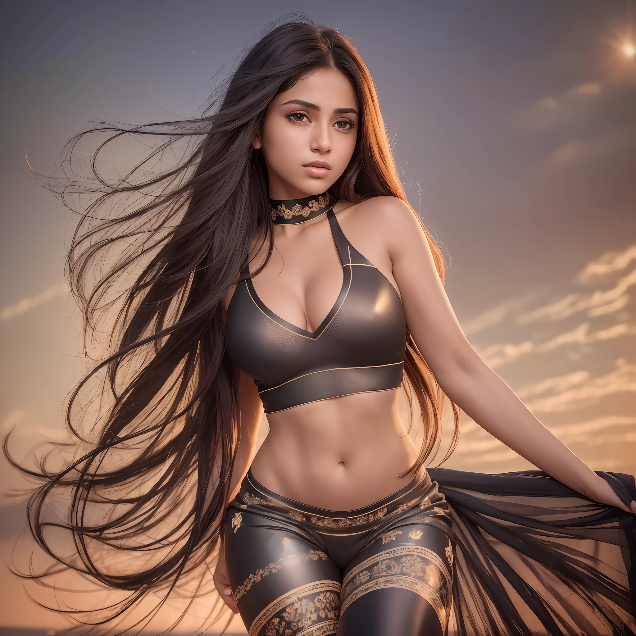 (RAW photo), highest quality, 8k wallpapers, (photo realism: 1.4), (high resolution), super detailed, (realism: 1.2), (best quality: 1.3), perfect anatomy, brunette hair, (leggings), beautiful legs, model pose, realistic body, goddess of beauty, beautiful indian dark skin, big eyes, back stuck, thin, sensual. --auto --s2