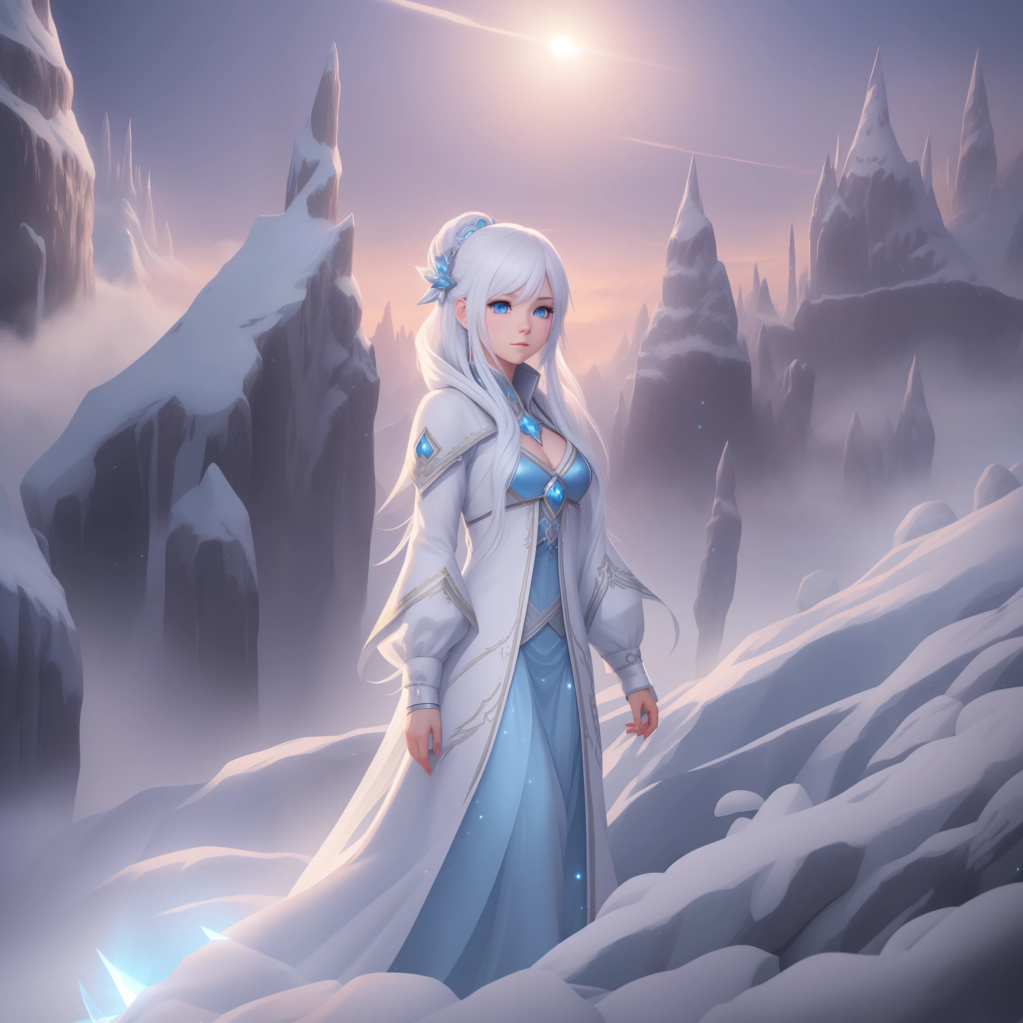 Extremely detailed really cute young ice princess with white hair, magical looking, soft colors, jrpg, cartoonish vector, volumetric lights, very detailed scenery, 8k CG Unity wallpaper, in the style of best illustrators, best quality