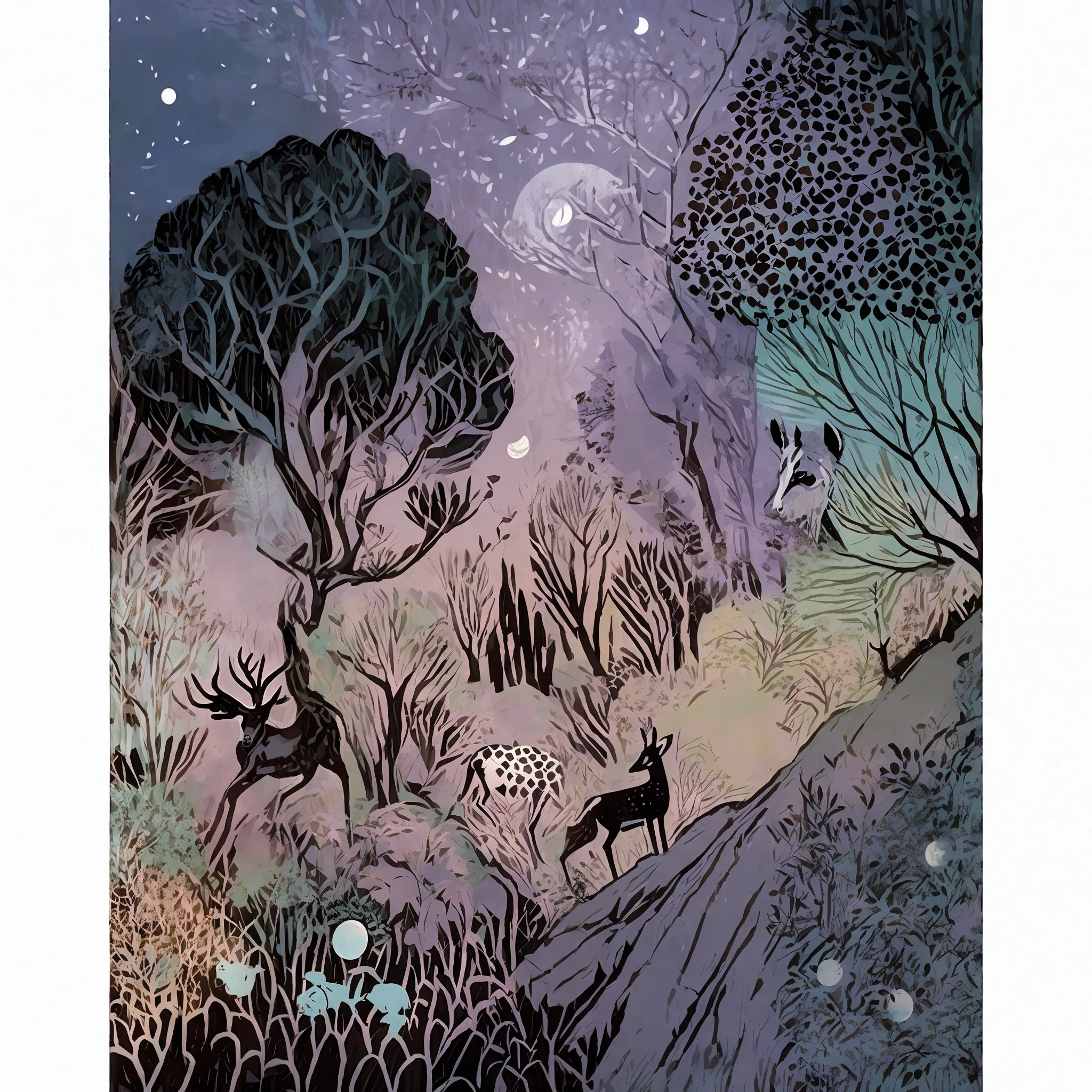 a painting of a deer in a forest with a full moon, by Isobel Heath, cosy enchanted scene, linocut print of fantasy forest, jane newland, james r. eads, by Camille Bombois, by Eva Frankfurther, illustrated in whimsical style, beautifully illustrated, dreamy illustration, whimsical fantasy landscape art, by Neysa McMein, by Wolf Huber