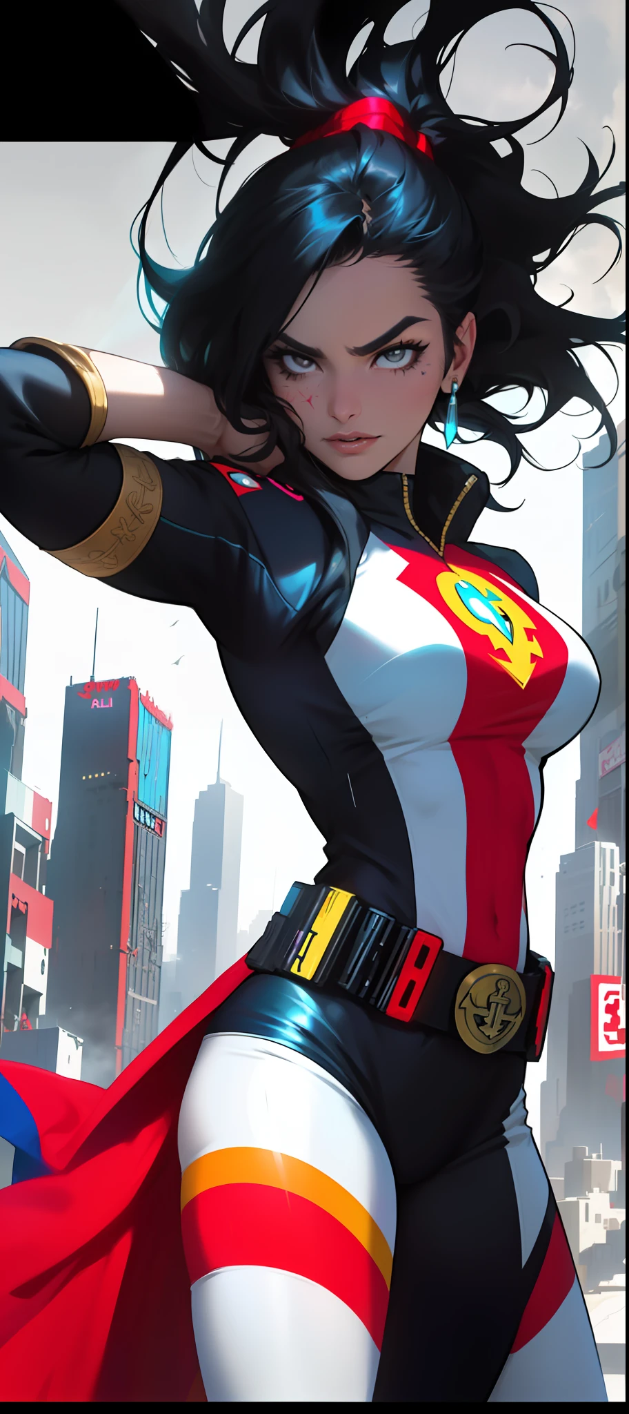 ((DC comics style)), dramatic, colorful, ((fierce pose)), ((heroic expression)), ((windblown hair)), Peruvian national flag motif incorporated into the superhero costume, ((powerful and dynamic background)), strong shadows. "Peru becomes a superhero with great power and strength. His costume incorporates the red and white colors of the Peruvian flag, and the emblem of the Andean condor. She adopts a fierce and confident pose, her hair being wildly blown by the wind. A dramatic background shows her showing off her awesome powers, casting strong shadows behind her." ((Anchor of a Cyberpunk city with the colors of Peru))