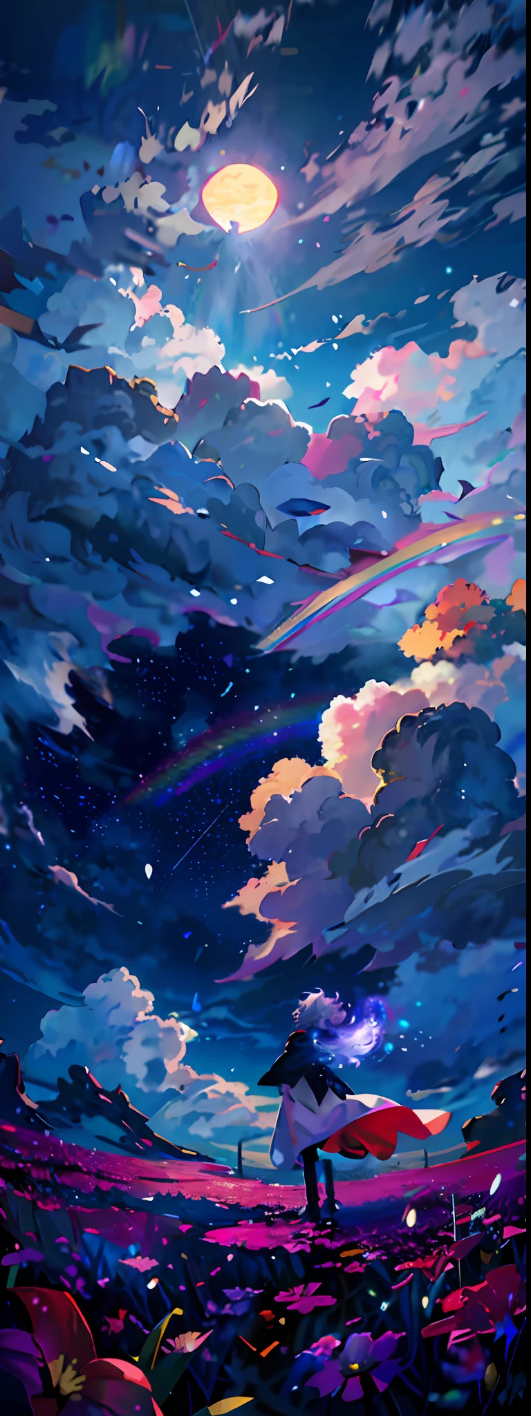 anime art of a man with a cape and a rainbow in the sky, rainbow clouds, rainbow, ethereal rainbow nimbus, rainbow in the sky, anime clouds, ethereal rainbows, bright rainbow nimbus, colorful skies, iridescent clouds, cosmic skies. by makoto shinkai, anime sky, ufotable art style, jen bartel, clouds. fantasy