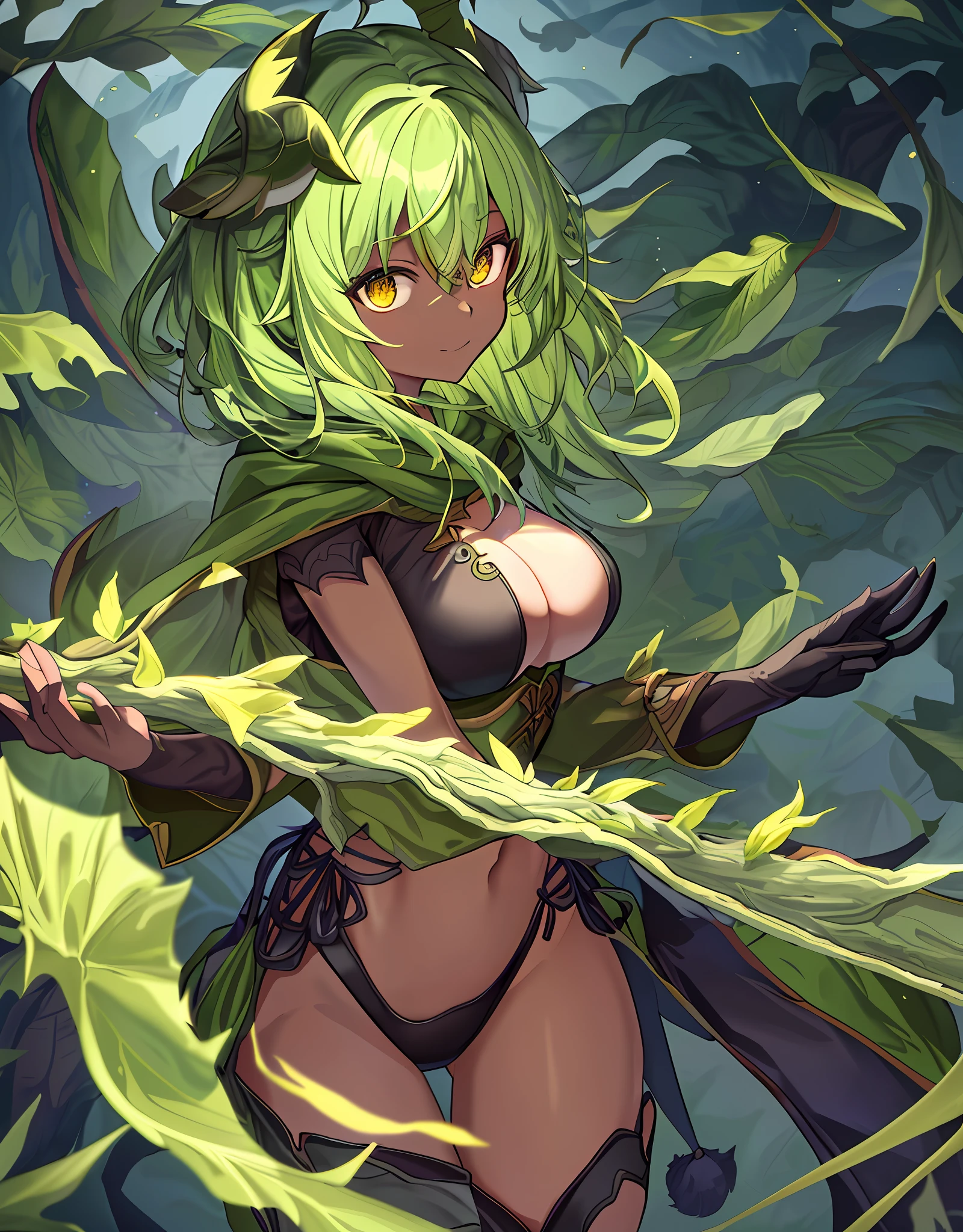 ファンタジー, 1forest_elemental_girl, 格闘, (using_leaves_clothes, green_leaves_covered_breasts, leaves_covered_pussy)+++,big_tits,dynamic_pose_standing, light_smile, 眠い, medium_hair, へそ,(dark_skin)+, オイル, (winding_vine_around_torso)++, (ふっくらと)+,森, trees_background, leaves_headgear, green_leaves_cape, hold_large_long_staff, 太もも,