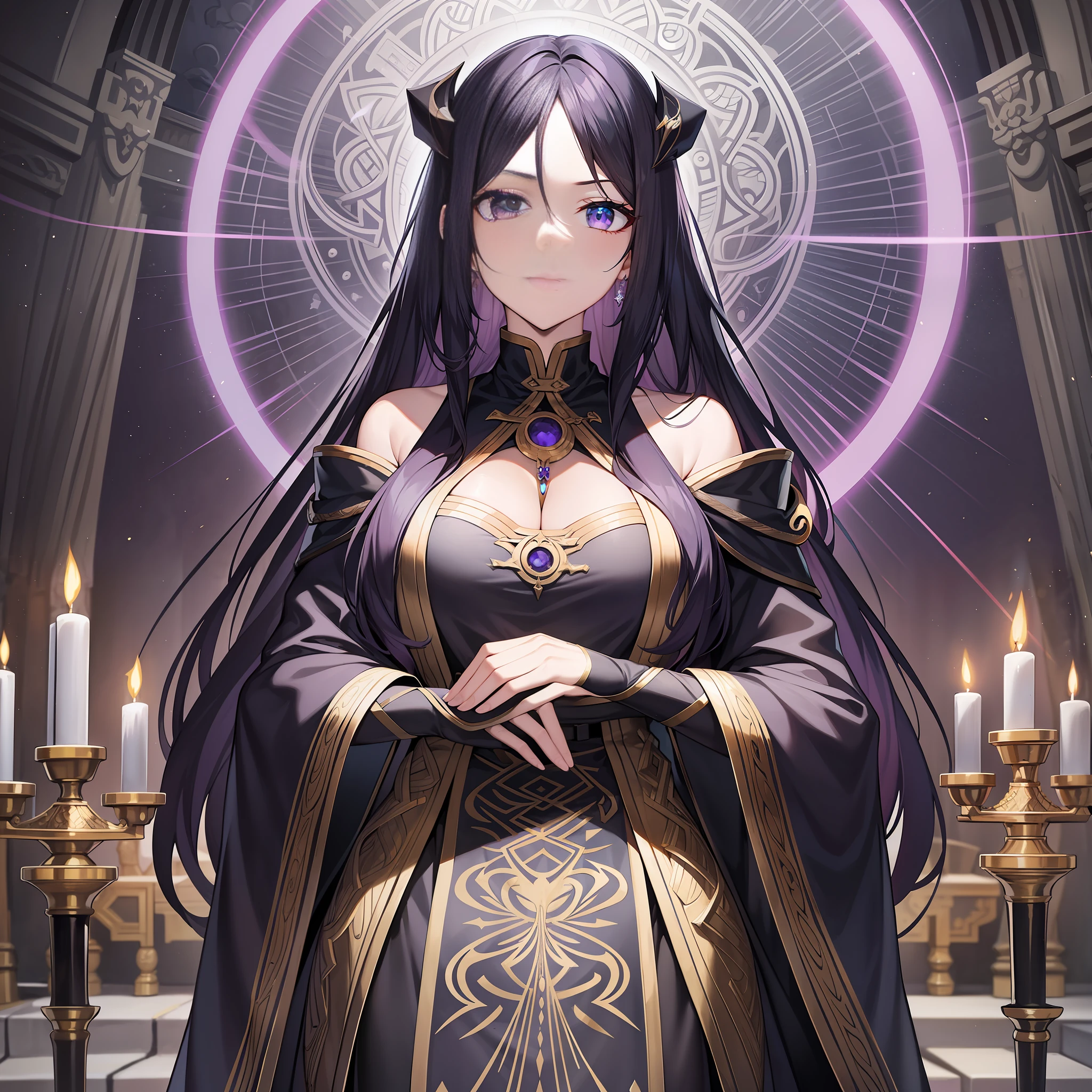 Character expressions: mysterious, calm, haughty, sharp eyes, exuding a deterrent power.
Hairstyle and color: Long dark purple hair, draped behind the back, looks very independent and firm.
Clothing style and color: Wearing a black robe, the silver moon pattern looks very sharp on the black half-moon base.
Accessories on the figure: a silver moon necklace, with her long hair, brilliant but powerful.
Character pose: Holding a scythe, staring deeply ahead, as if watching the ritual progress. Surrounded by an altar and candles, the atmosphere is solemn and solemn.
Environment: In front of the altar, surrounded by a circle of candles and runes, the atmosphere is mysterious and solemn.
Atmosphere: mysterious and dignified
Environmental features: Surrounded by runes and sacrifices, it means that this is a huge ritual that makes people chill.
Ambient time: midnight.