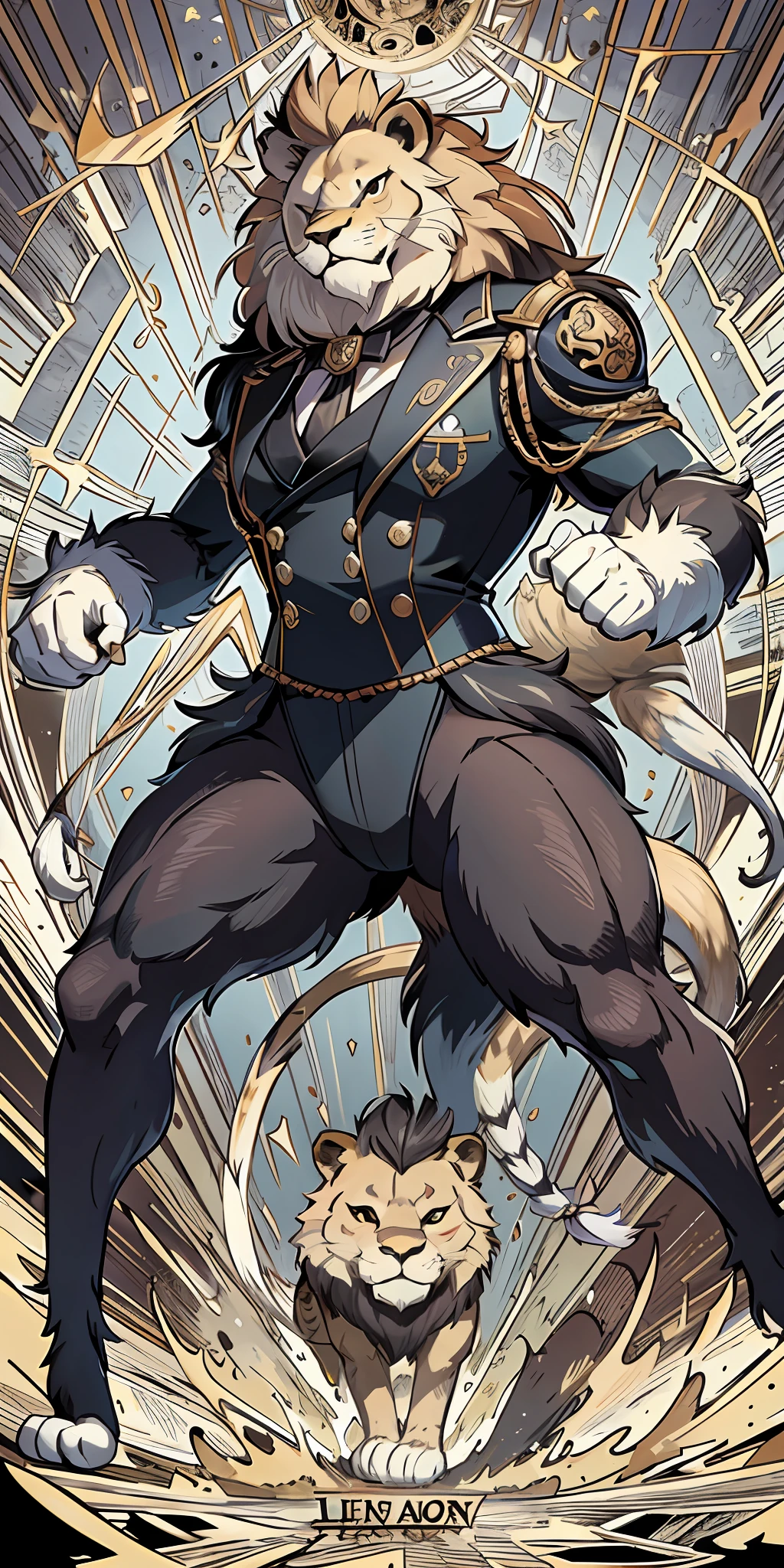 Top quality ultra-fine illustrations, movie poster(Classic concert, Opera house, spotlight, tarot card) (beautiful face and eyes with great detail) absurdres perfect ??????? ((Beastman))) (furry, Tuxedo attire, rapier, pocket watch, Intimidation, combat stance, hero) (furry anthro:1.7) ((((furry body, lion facial features, lion body features)))) ((((animal muzzle highly detailed fur))))full body, smile(dynamic pose),