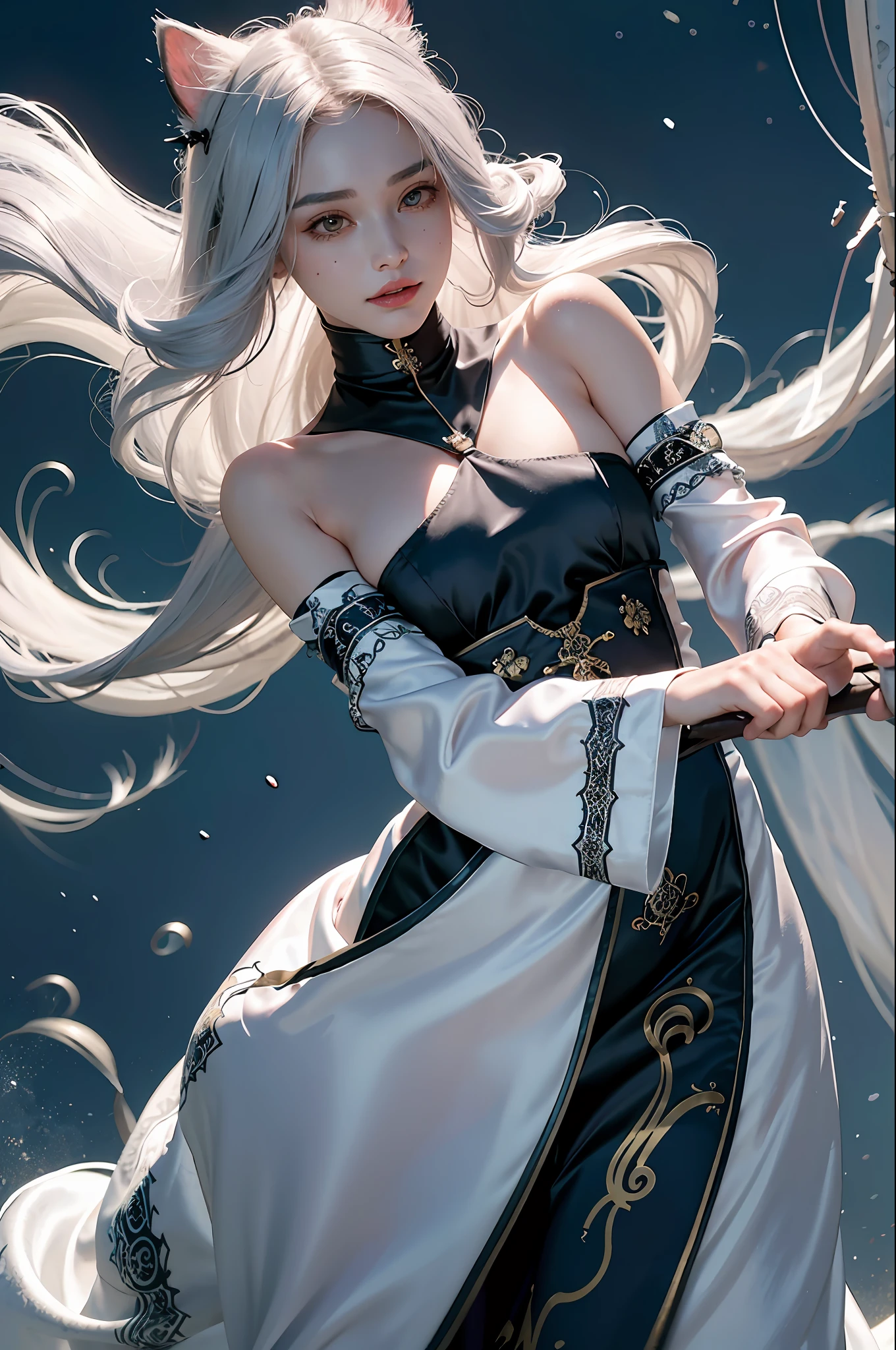 1girl, solo, serious face, long white hair, cat ears, uniform 8k wallpaper, ultra-detailed, beautiful and aesthetic, masterpiece, best quality, realistic, (zentangle, mandala, tangles, entanglement), (fractal art), (ecstatic silk:1.5), web, chain, very detailed, dynamic angle, epic composition, most beautiful chaotic form, elegant, fauvist design, bright colors, romanticism, gray fog, Grinning (civet) with sharp teeth