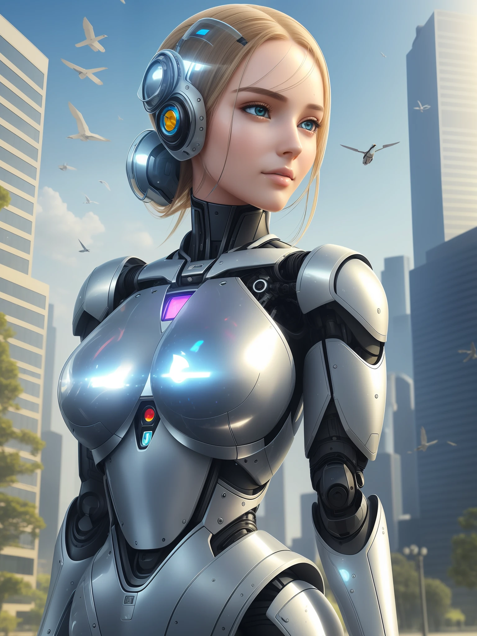 A robot with perfect female face, super realistic humanoid, robot with human-like face and mechanical detailed body, 8K image, robot with bird posing in its hand, peaceful environment, futuristic city background, super realistic robot with human-like physiognomy, peaceful robot, ((Masterpiece, best quality,)), dumb, (wet:1.2), girl, medium breasts, (see-through:1.3) --auto --s2