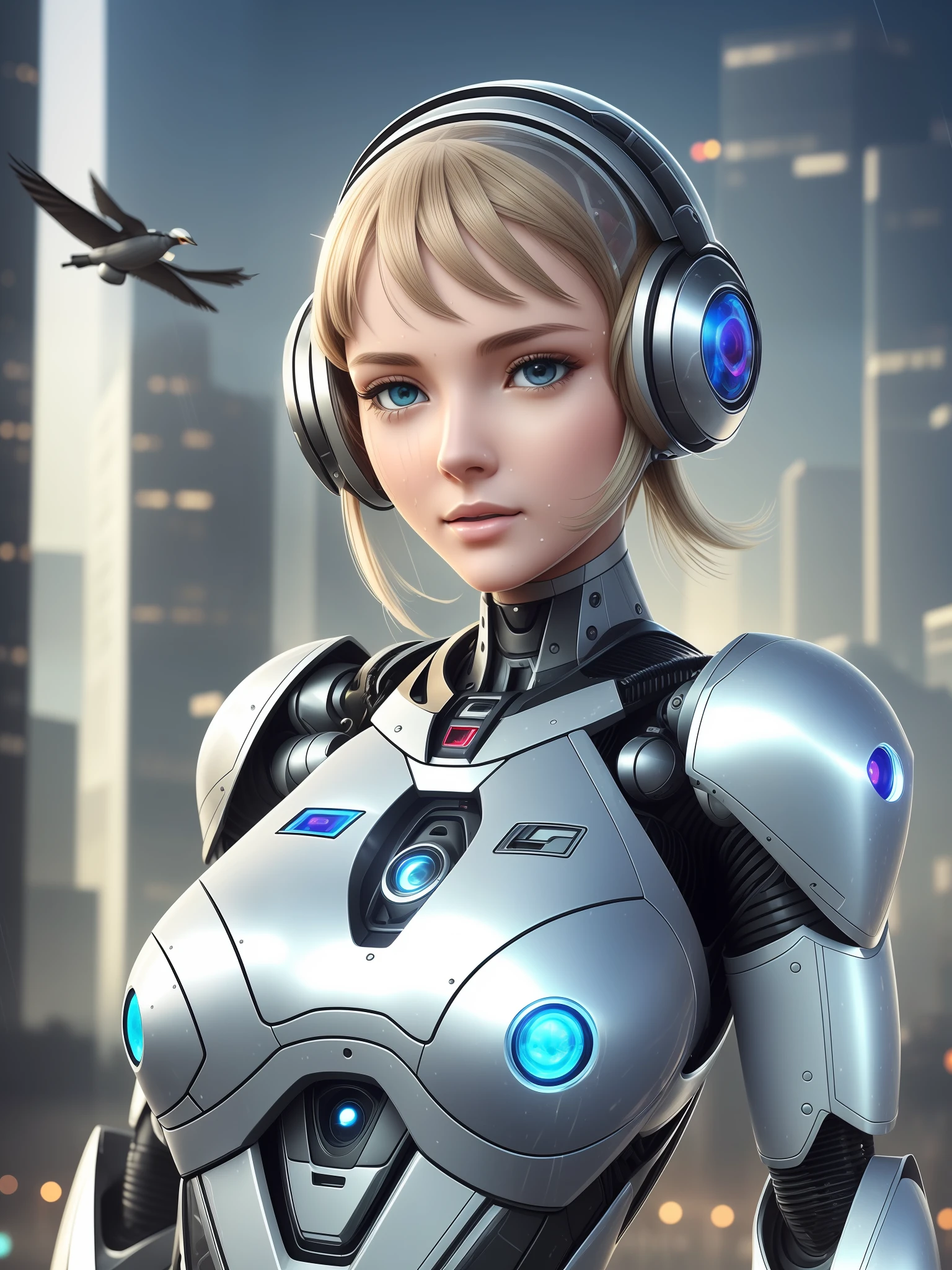 A robot with perfect female face, super realistic humanoid, robot with human-like face and mechanical detailed body, 8K image, robot with bird posing in its hand, peaceful environment, futuristic city background, super realistic robot with human-like physiognomy, peaceful robot, ((Masterpiece, best quality,)), dumb, (wet:1.2), girl, medium breasts, (see-through:1.3) --auto --s2