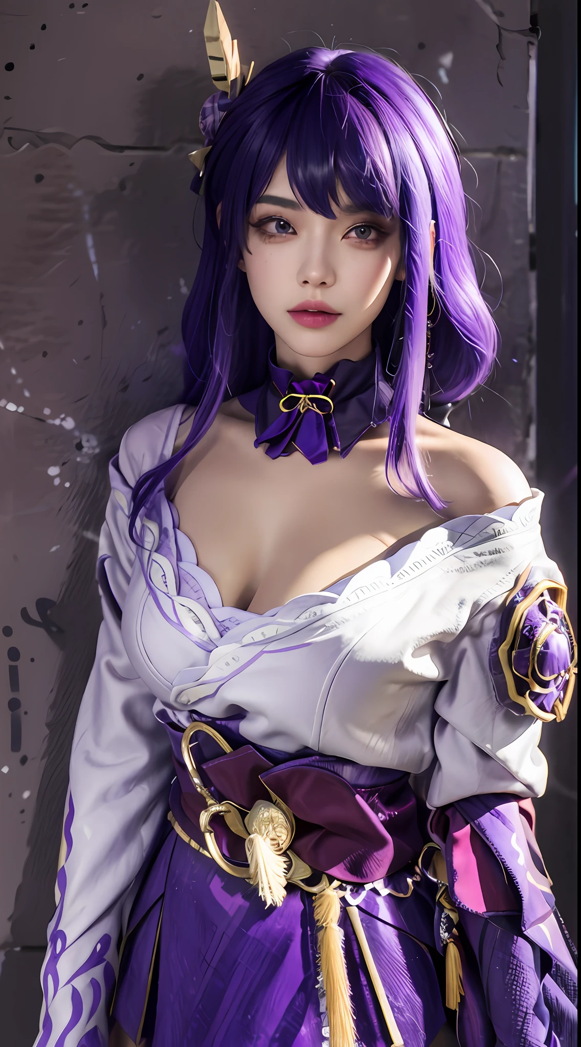 (masterpiece, best quality, 1girl, solo, intricate details, chromatic aberration), realistic, ((medium breath)),long hair, purple hair, purple head ornament, purple highlights, hair over one eye, green eyes, sharp eyes, choker, neon shirt, torn legwear, open jacket, turtleneck sweater, against wall, brick wall, graffiti, dim lighting, alley ,look at viewer,
