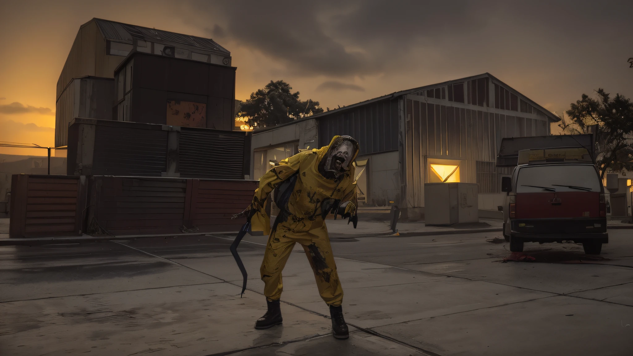 1 zombie, a zombie in a yellow radiation protection suit, one hand is a tentacle, afternoon lighting, scary face, rough skin, upper body, close-up, 8k, RAW photo, best quality, masterpiece, realism,dark, spooky, zombie, undead, horror, blood, decay, rotting, torn clothes, pale skin, eerie, red eyes, disheveled hair, frightening, teeth, bones, graveyard, moonlight, shadows, creepy, gory