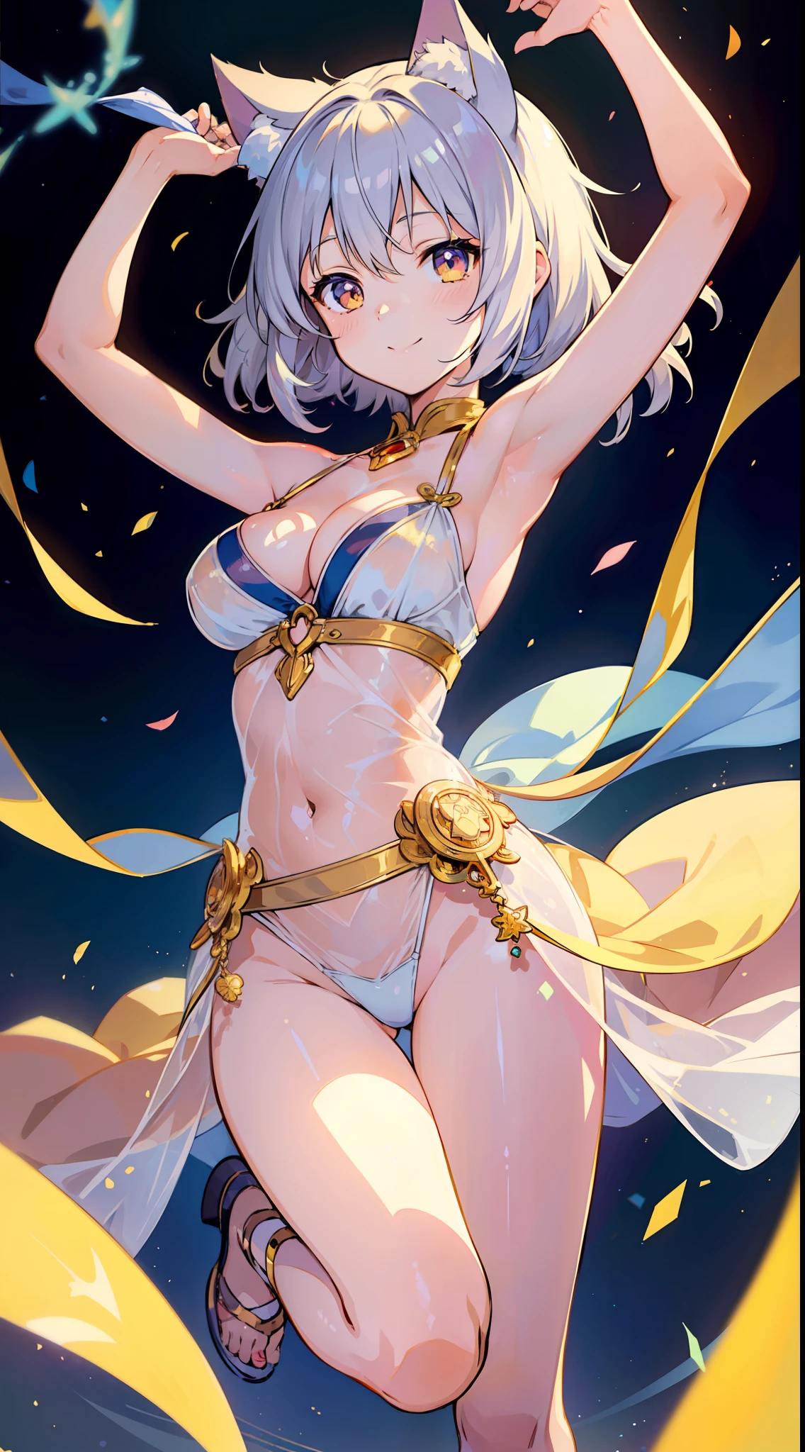 (Masterpiece), (Top Quality Anime Illustration), (Super Definition), One Girl, Solo, Beautiful Girl with Silver Hair, Anime , Cat Ear Lolilden See-Through Dancer Costume in Light Color, Smile, Cleavage Emphasis, Lower Breast Emphasis, Thighs, Tarot Card Wind