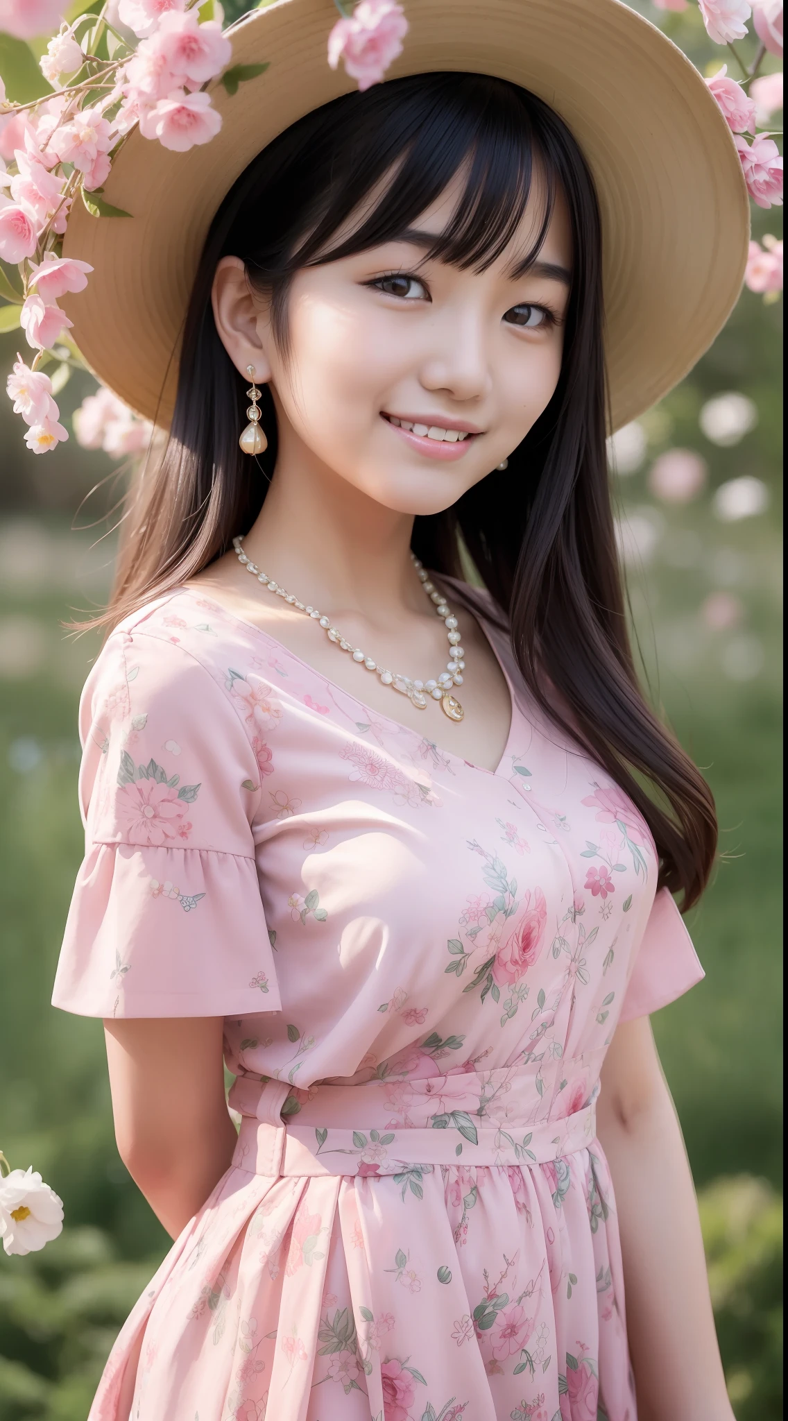 A beautiful asian girl with a charming smile and delicate facial features, decorated with a stunning necklace that captures infinite detail and quality. Front shot of girl standing in a flower field, wearing pink floral dress. Canon EOS R, denim shooting .-aspect