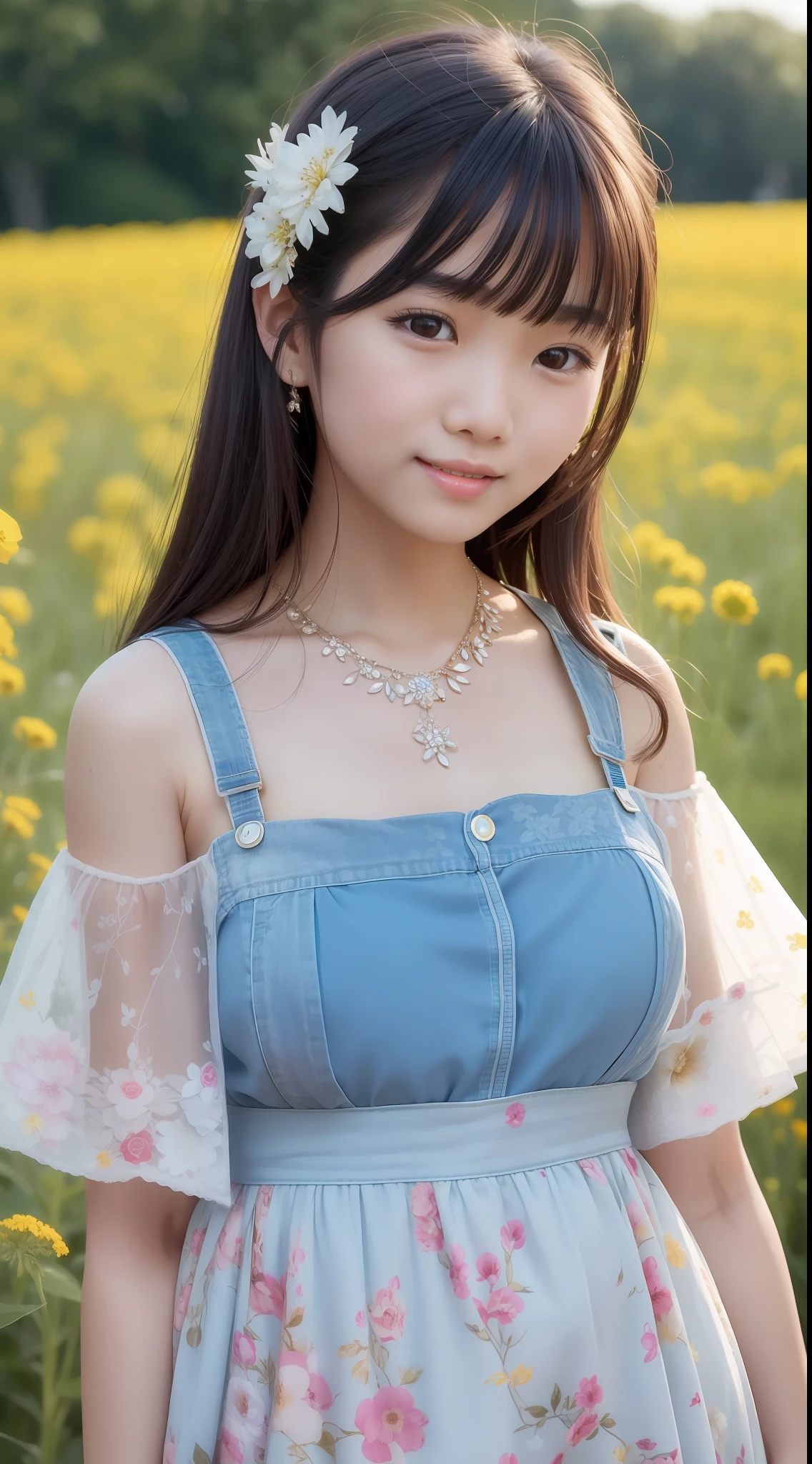 A beautiful asian girl with a charming smile and delicate facial features, decorated with a stunning necklace that captures infinite detail and quality. Front shot of girl standing in a flower field, wearing a floral dress. Canon EOS R, denim shooting .-aspect