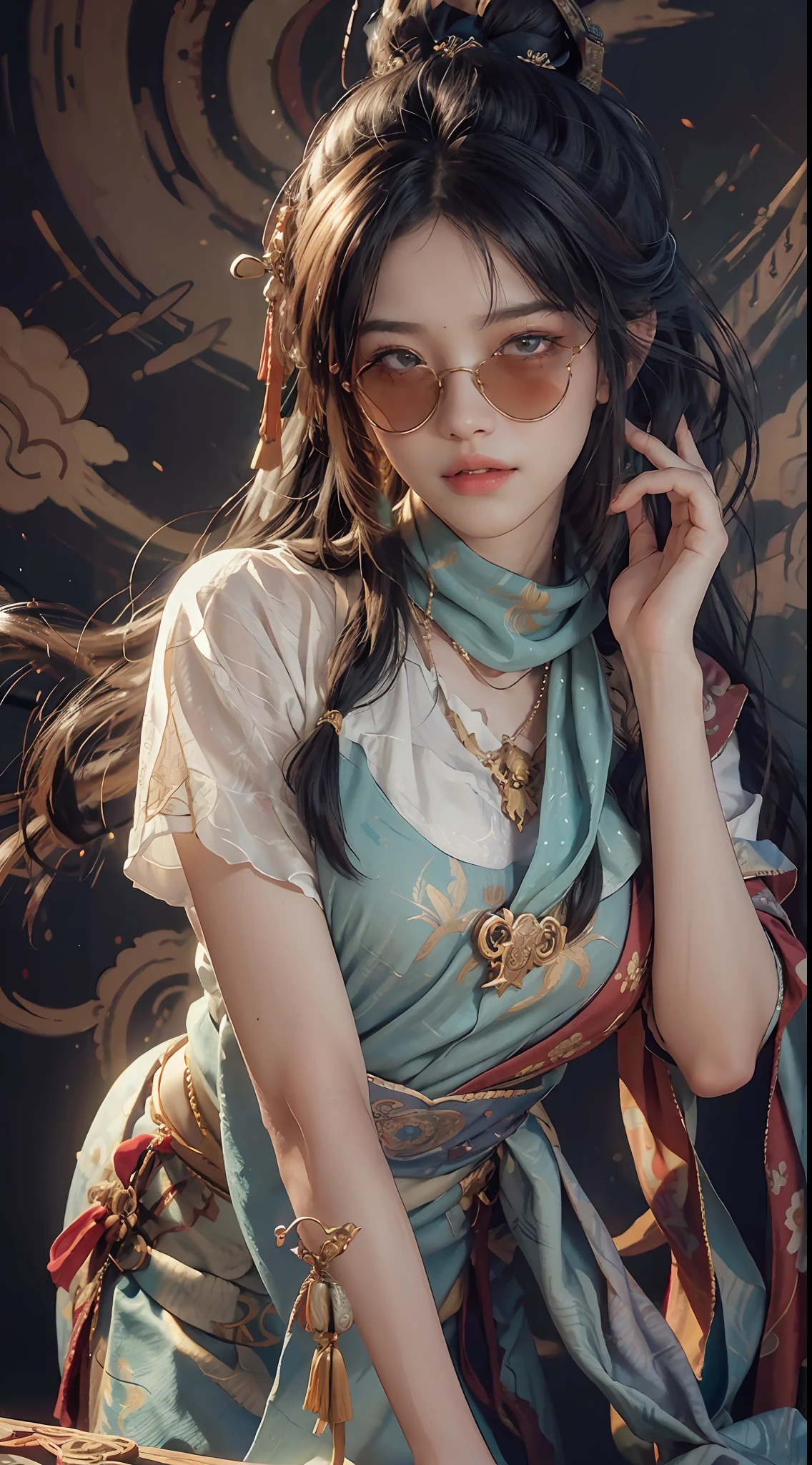 (RAW Photo, Best Quality), (Realistic, Photo Realistic: 1.3), Best Quality, Highly Detailed, Masterpiece, Ultra Detailed, Illustration, 1 Girl, upper_body, Dynamic Angle, World Mastery Theater, messy_long_hair, Best Quality, Extremely Detailed CG Unified 8k Wallpaper, Ink, Amazing, Cinematic Lighting, lens_flare, dunhuang_style, Beautiful Rendering of the Tang Dynasty, (Bad laugh: 1.5) leaning against the mural, (wearing sunglasses: 1.8), floating up scarf, Sony master shot