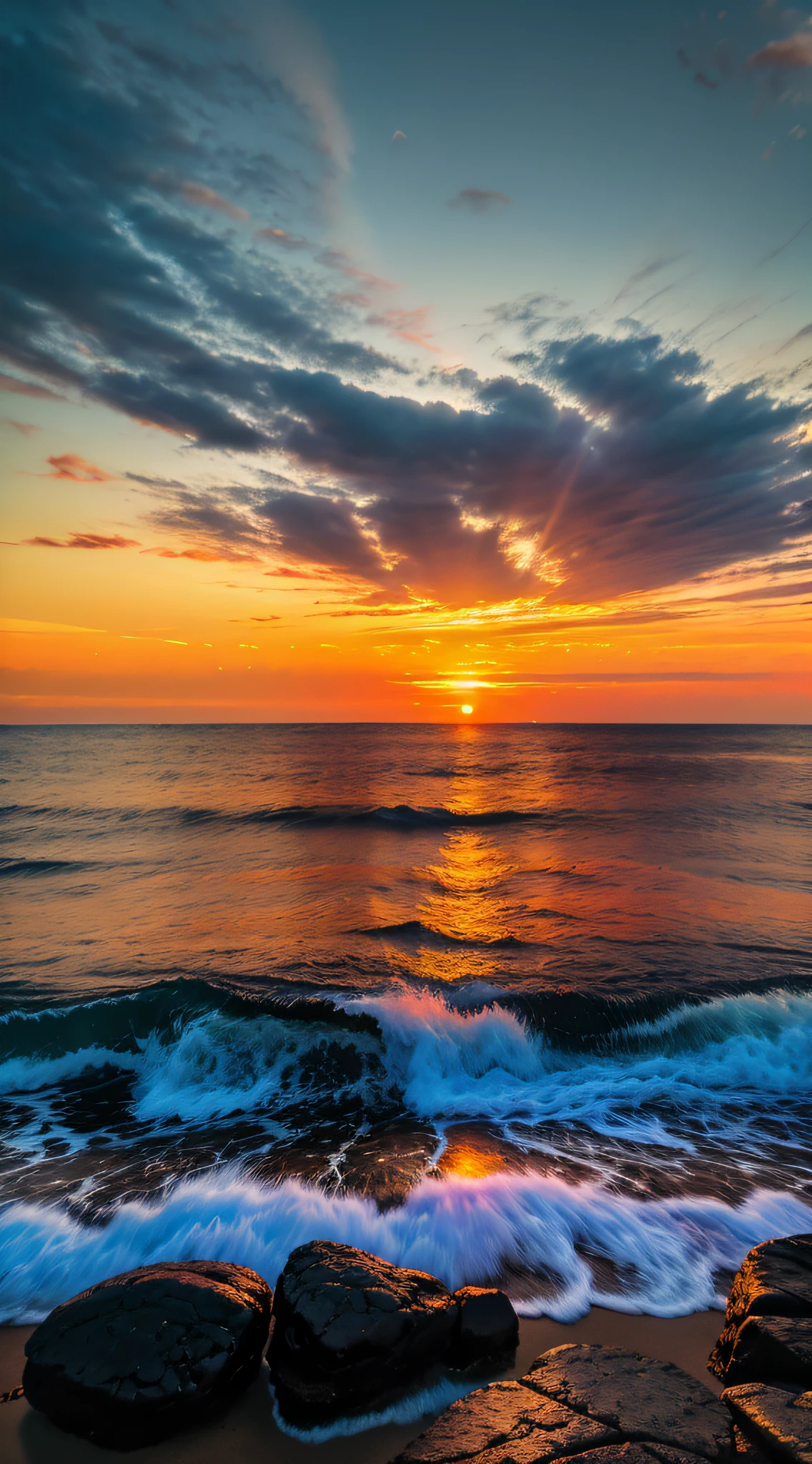 sunset landscape, by the sea, very spectacular, rare wonder in the world, very attractive, very real, Verism, chiaroscuro, chromatic aberration, backlight, UHD, masterpiece, super detail, high detail, high quality, award-winning, best quality, 16k