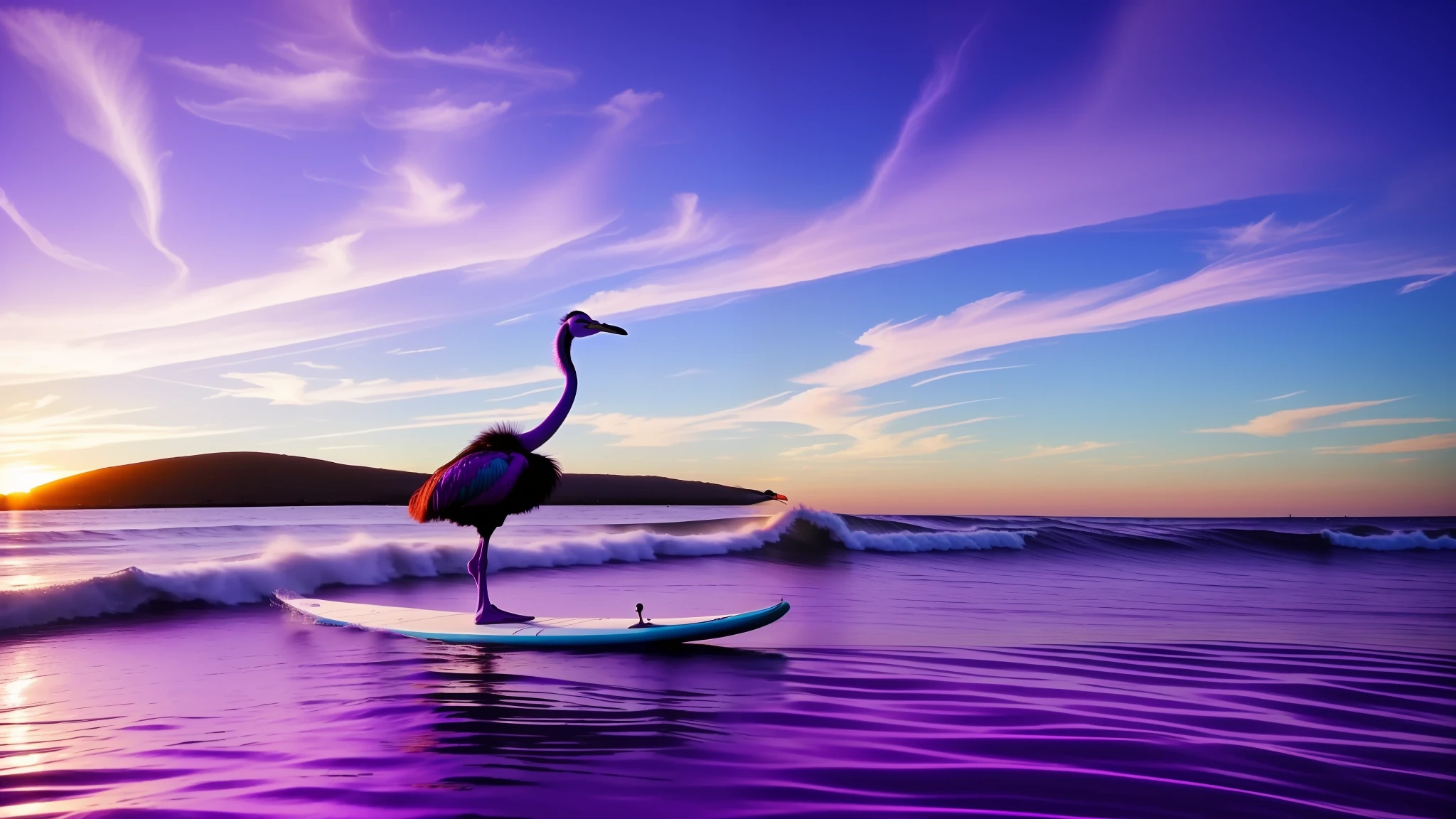 A nostr nostrich ostrich on a surfboard, big purple ostrich riding surfboard. Huge aqua wave background. (purple ostrich:1.4), (nostr:1.3), purple head and neck, (nostrich:1.2), amazing wallpaper, beautiful sun ray clouds, big wave