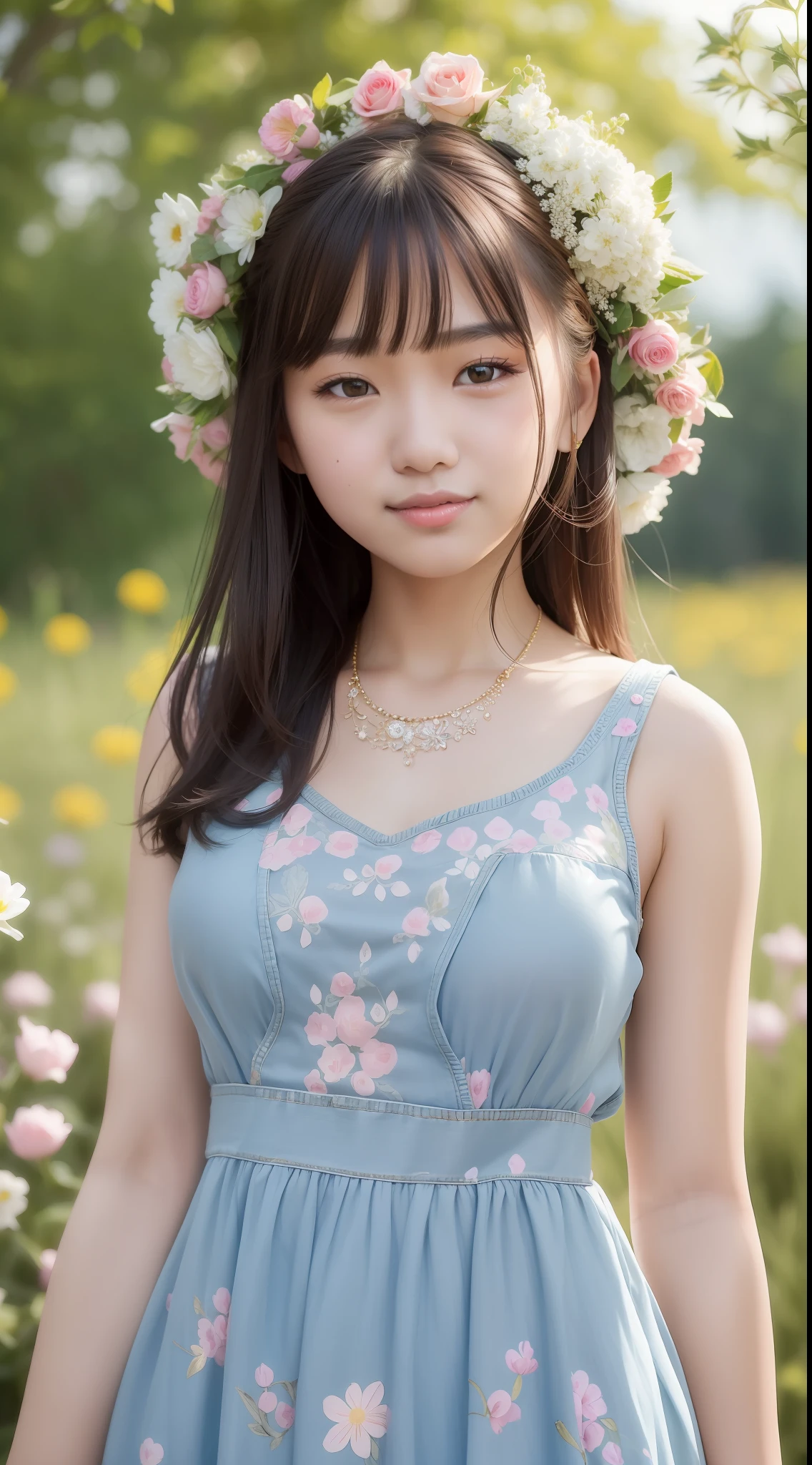 A beautiful asian girl with a charming smile and delicate facial features, decorated with a stunning necklace that captures infinite detail and quality. Front shot of girl standing in a flower field, wearing a floral dress. Canon EOS R, denim shooting .-aspect