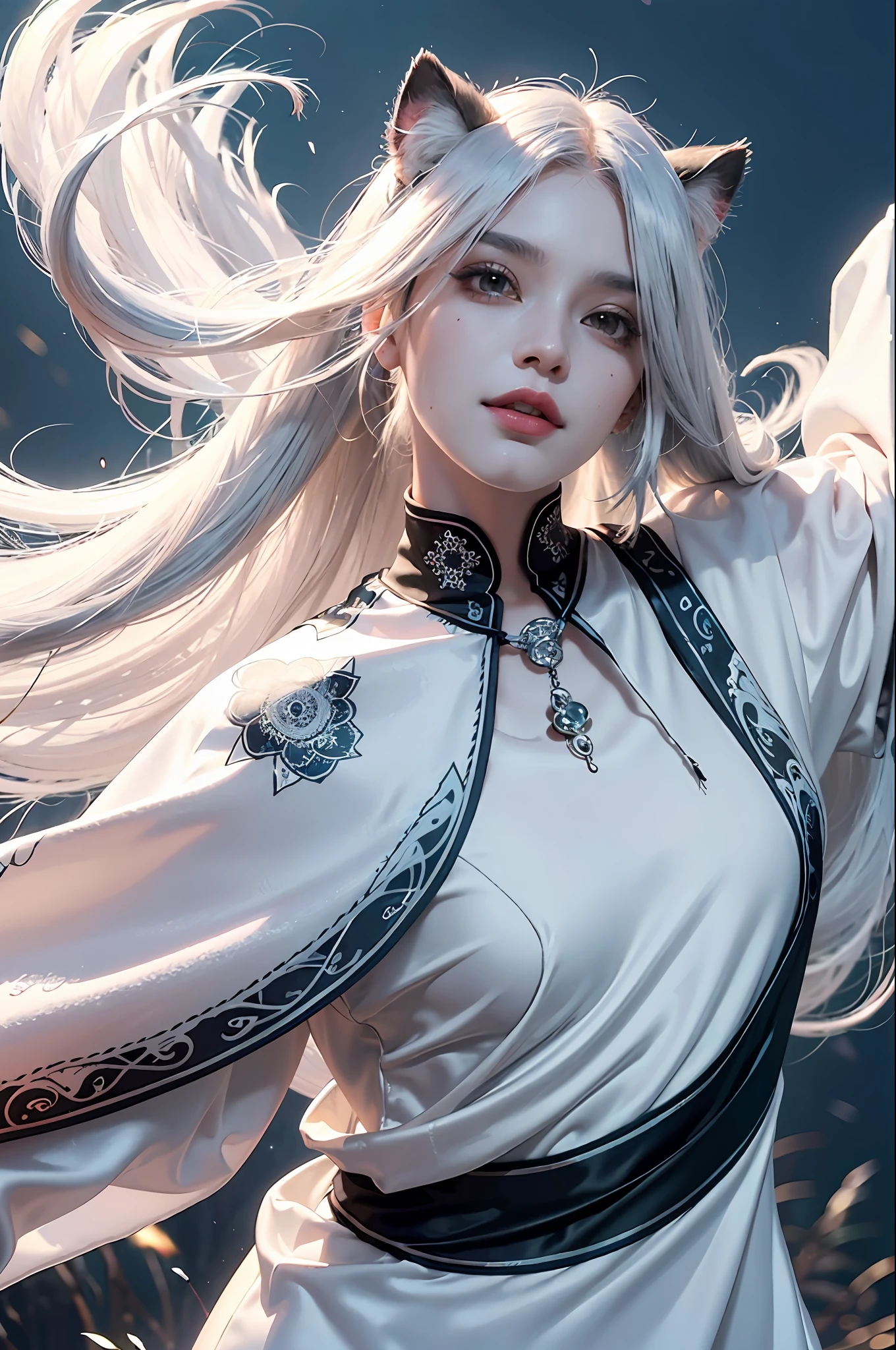 1girl, solo, serious face, long white hair, cat ears, uniform 8k wallpaper, ultra-detailed, beautiful and aesthetic, masterpiece, best quality, realistic, (zentangle, mandala, tangles, entanglement), (fractal art), (ecstatic silk:1.5), web, chain, very detailed, dynamic angle, epic composition, most beautiful chaotic form, elegant, fauvist design, bright colors, romanticism, gray fog, Grinning (civet) with sharp teeth