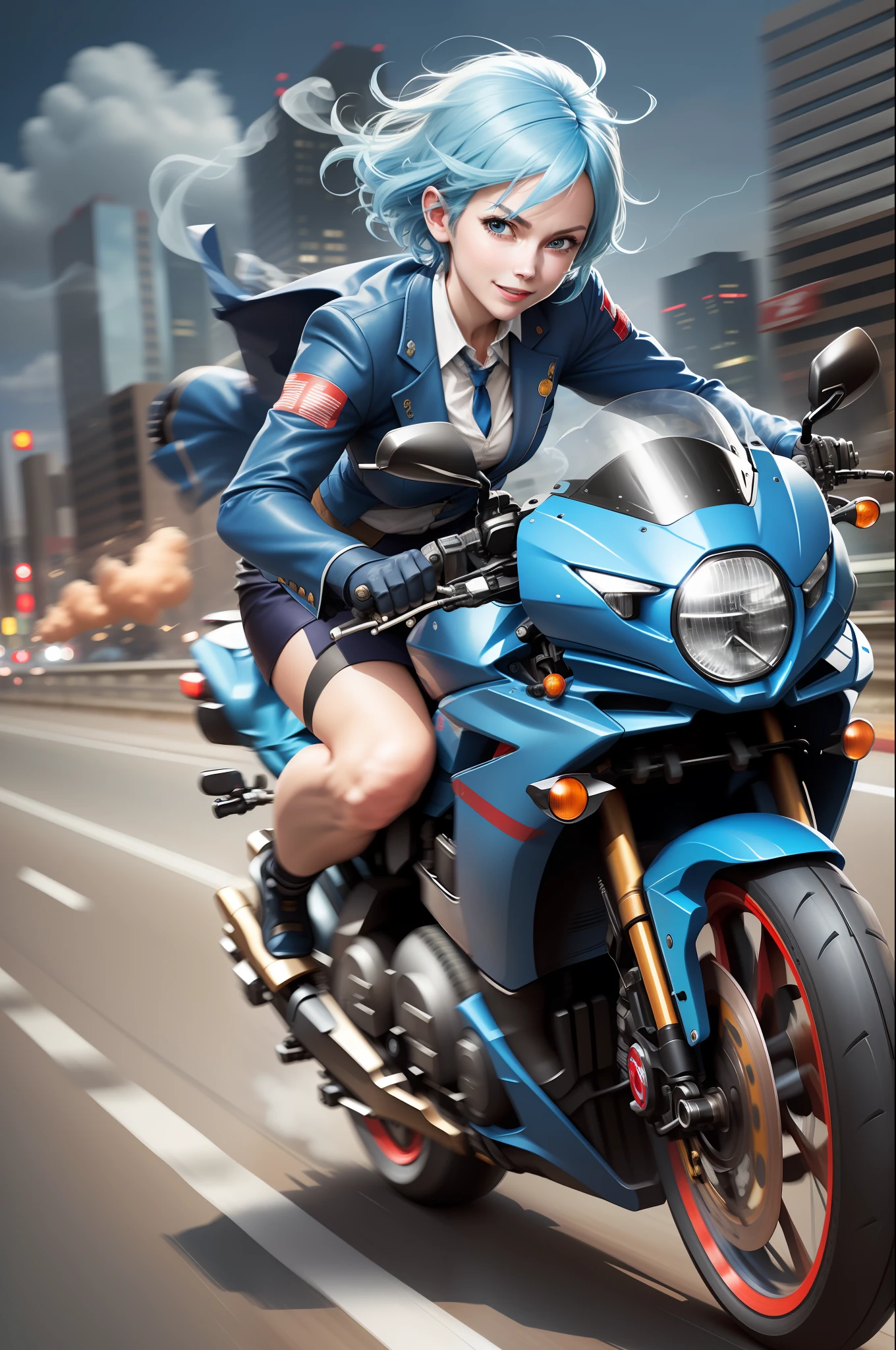 A (speeding) motorcycle the city at high speed, (slow motion:1.3), sense of speed, 1 girl, solo, smile, blue hair, short hair, wavy hairstyle, blue eyes, blue blazer, red checked skirt, red ribbon, full body composition, Sparks and smoke coming out of tires, (Motion blur:1.3), (speed lines:1.4), anime style