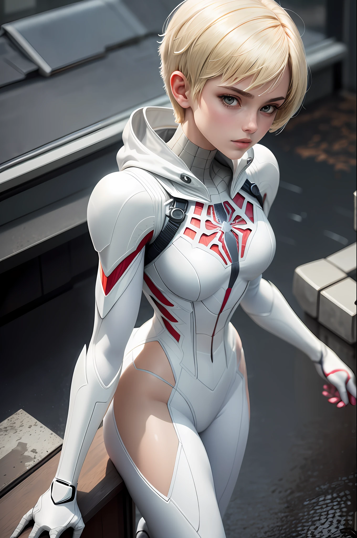 18 yo girl, white spider man suit, short blunt hair, blonde, beautiful face, rain, roof, masterpiece, intricate detail, perfect anatomy