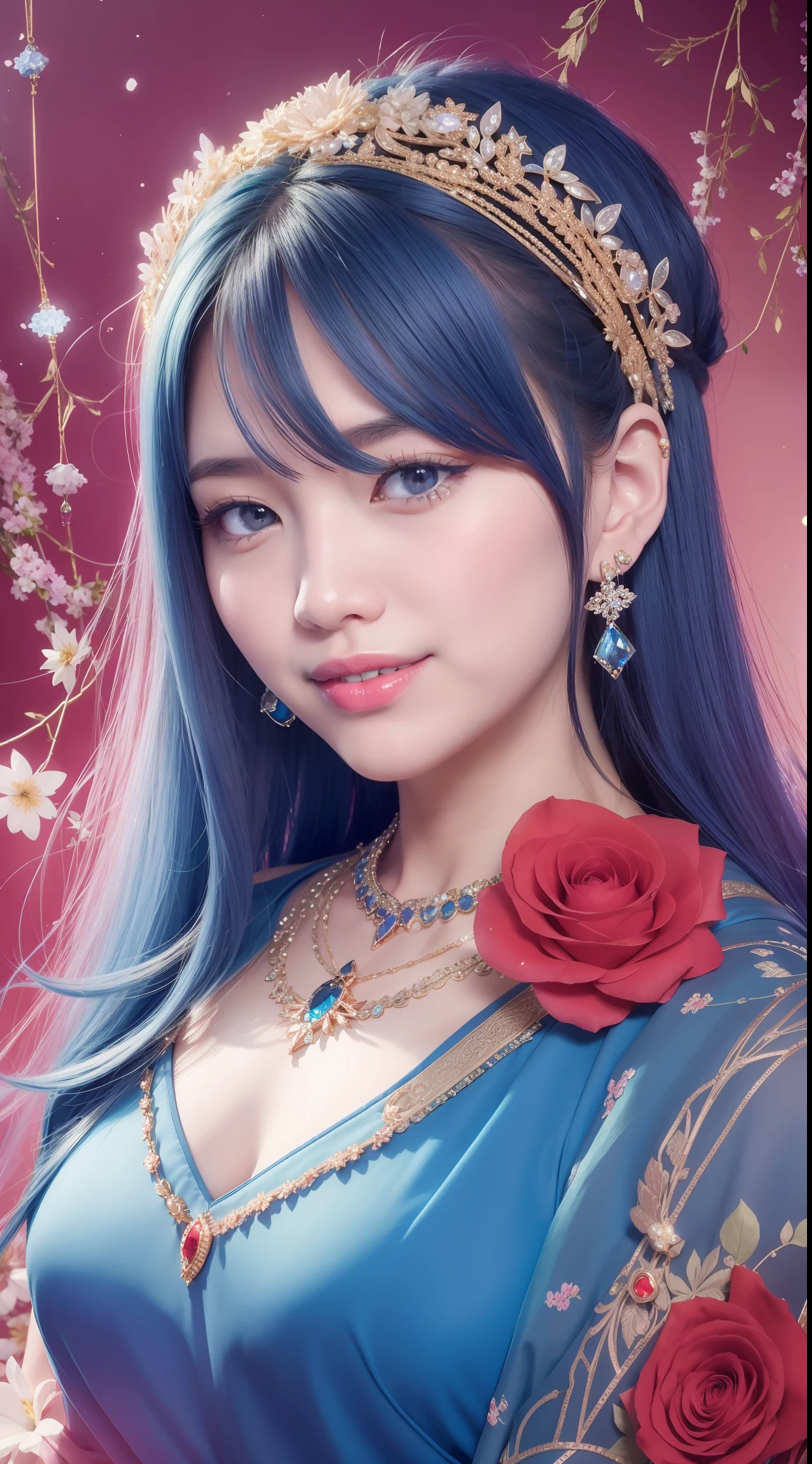 Asian face, smiling, wearing stylish blue dress dress, aurora, gemstones, delicate necklace. Handsome facial features, juicy eyes, red lips as red as roses, landscape flowers of the highest quality Verism movie lighting