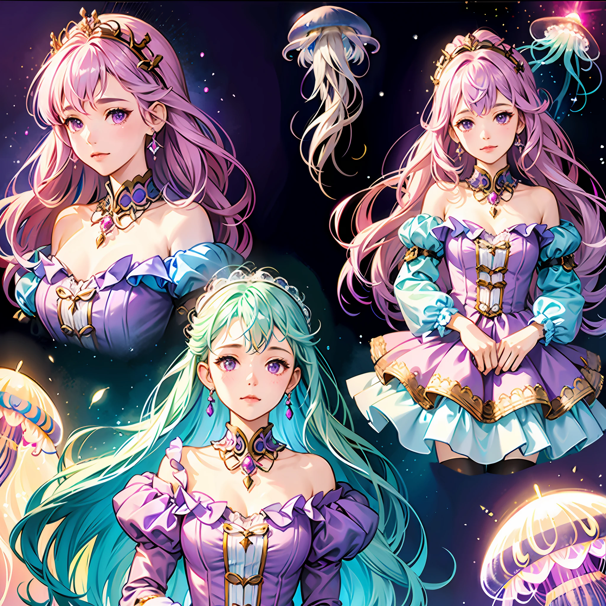 Beautiful detailed character reference sheet, a girl, purple cute mahou shojo dress, glowing opal , jellyfish motive, iridescent, ultra-detailed, granblue fantasy