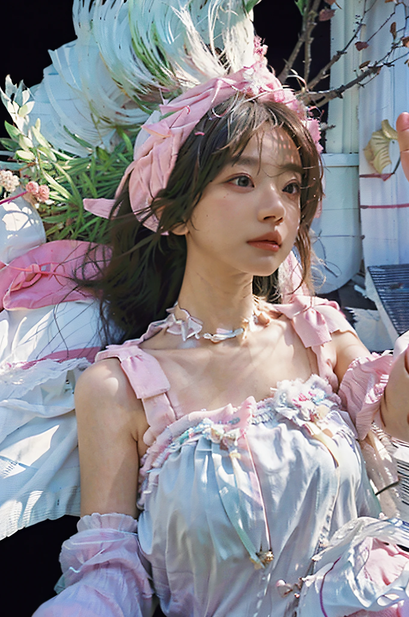8K, Best Quality, Masterpiece, Ultra High Resolution, (Realism: 1.4), Original Photo, (Realistic Skin Texture: 1.3), (Film Grain: 1.3), (Selfie Angle), 1 Girl, Pink Clothes, Sapphire Color Eyes and Beautiful Face Details, Masterpiece, Best Quality, Close Up, Upper Body