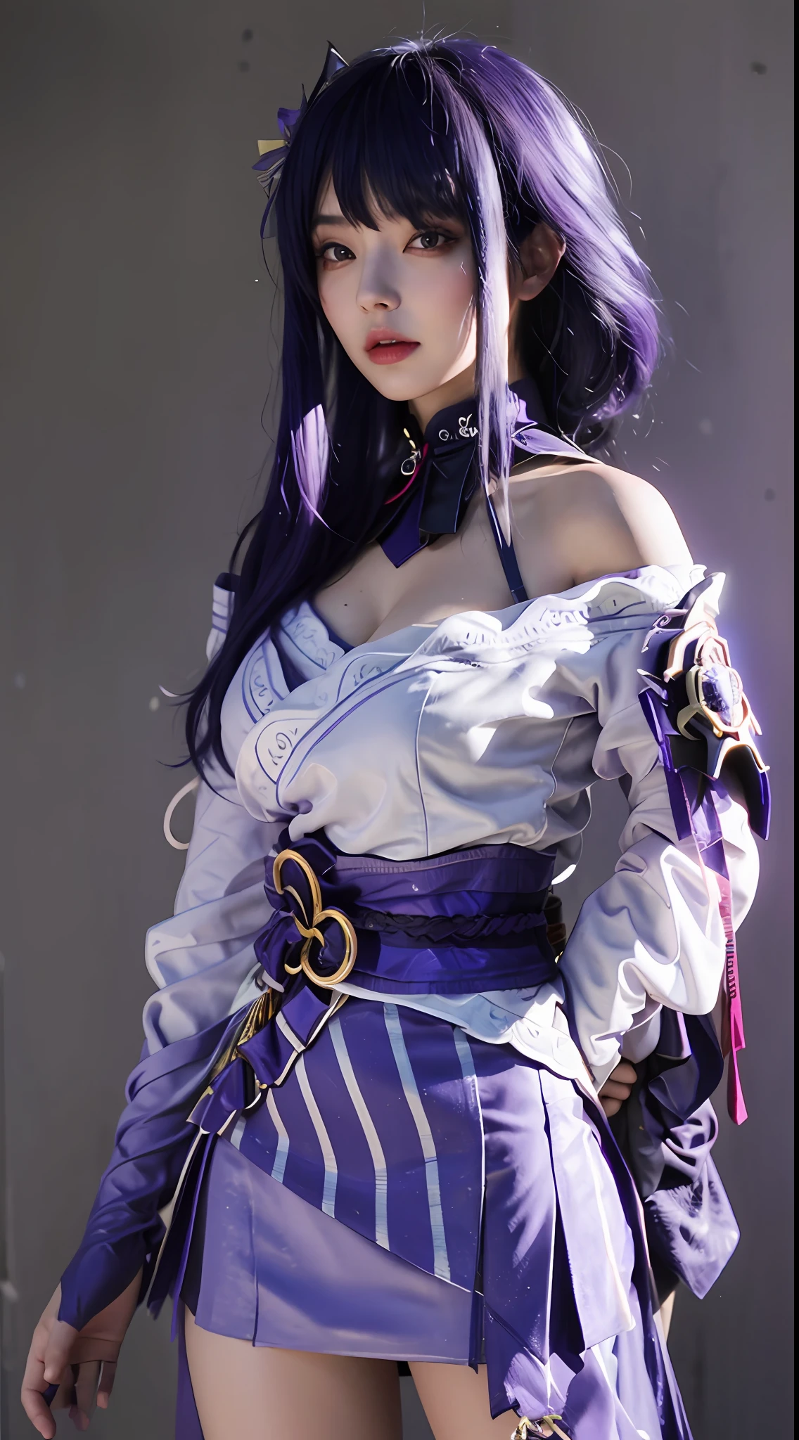 (masterpiece, best quality, 1girl, solo, intricate details, chromatic aberration), realistic, ((medium breath)),long hair, purple hair, purple head ornament, purple highlights, hair over one eye, green eyes, sharp eyes, choker, neon shirt, torn legwear, open jacket, turtleneck sweater, against wall, brick wall, graffiti, dim lighting, alley ,look at viewer,