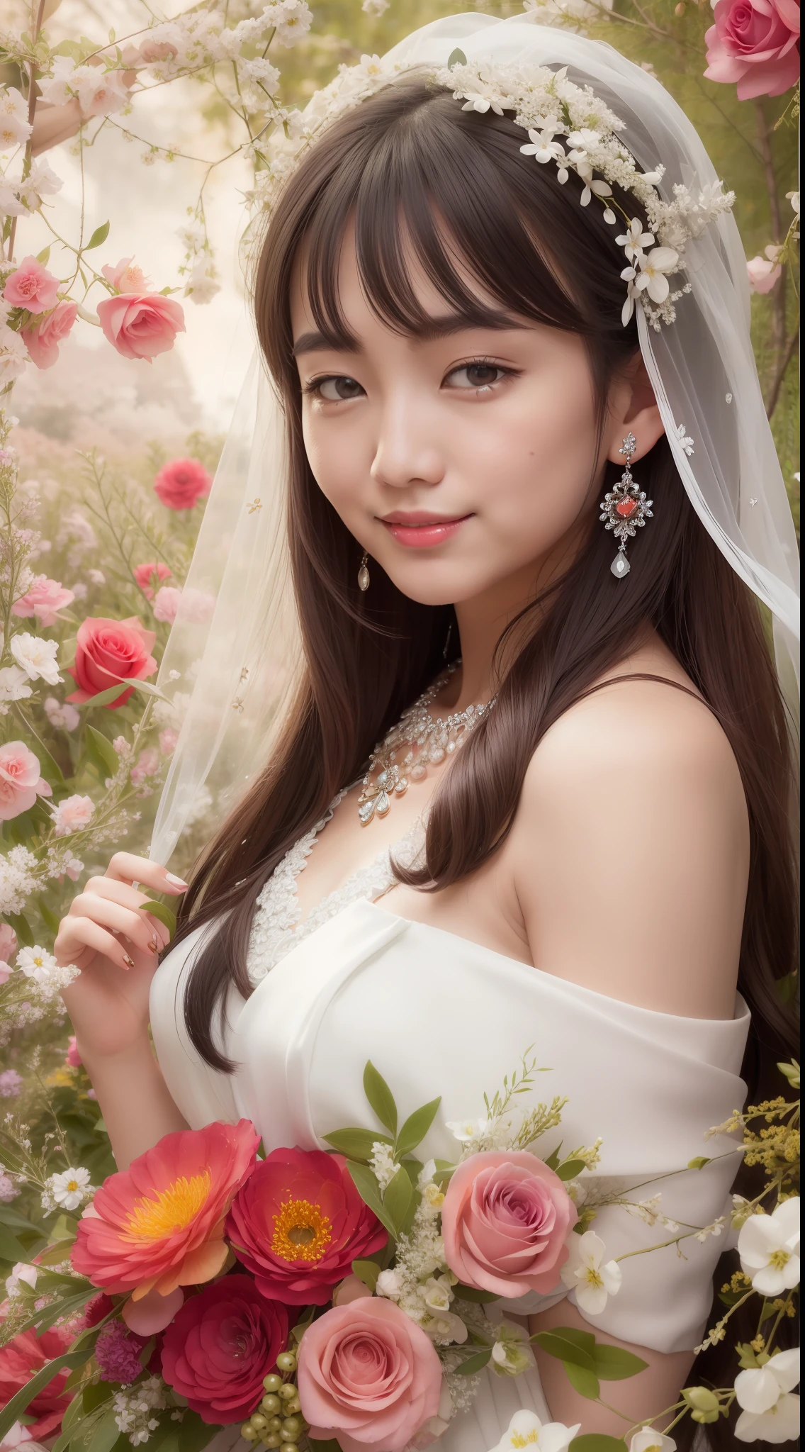 Asian face, smiling, wearing stylish white dress dress, aurora, gemstones, delicate necklace. Handsome facial features, juicy eyes, red lips as red as roses, landscape flowers of the highest quality Verism movie lighting