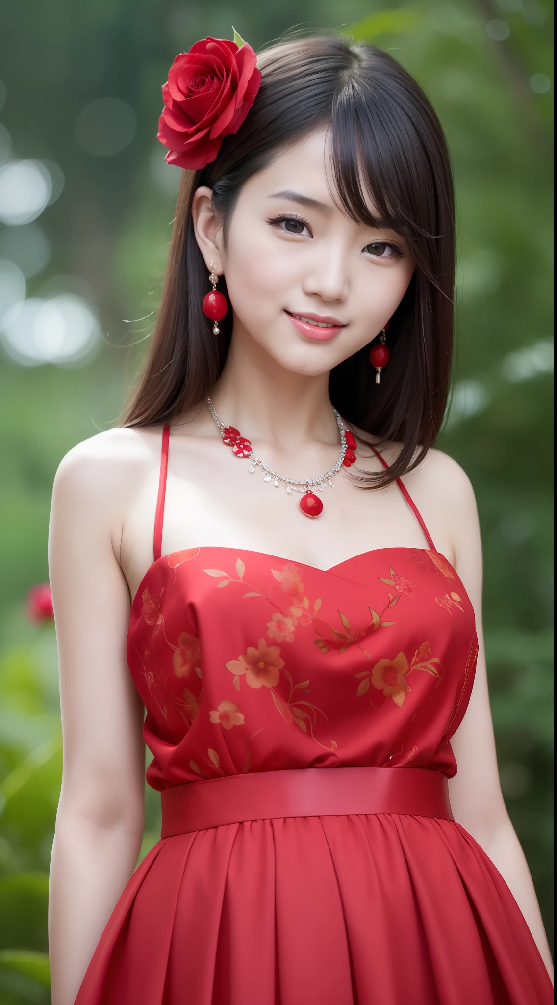 asian face，Smile，Wearing a fashionable red dress skirt，Delicate necklace。handsome facial features，Juicy eyes，red lips red as roses。camera in hand，Landscape flowers best quality Verism cinematic lighting --version 5