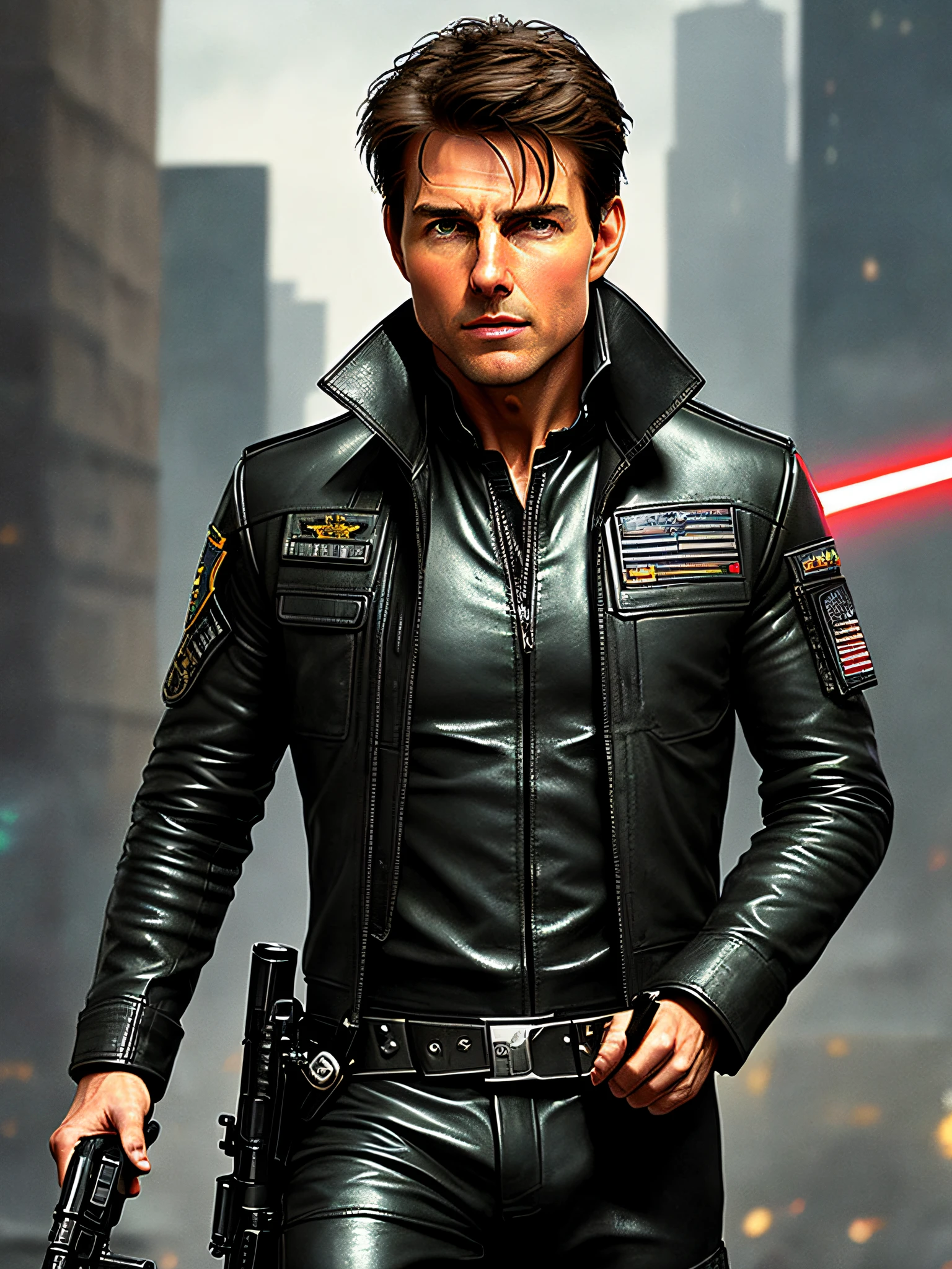 Tom Cruise armed in a leather suit holding a gun in a city, leather pilot's uniform, in a dark space mercenary outfit, soldier outfit, a star wars imperial agent, pilot outfit, highly detailed character, military clothing stylized, outfit: police, fine - detailed outfit, high detail iconic character, 8k character detail, very detailed and rich outfits
