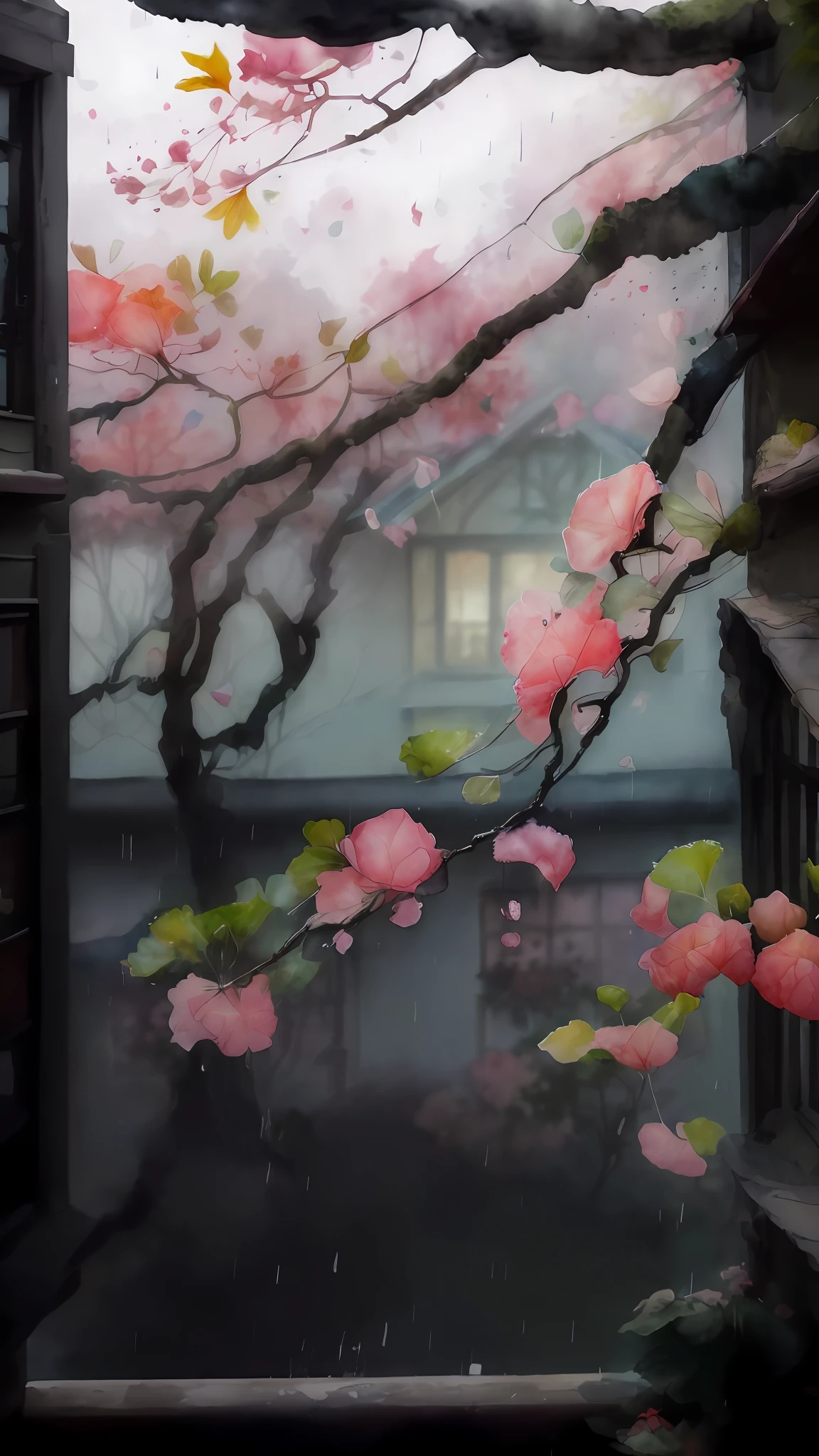 (watercolor style, spectral art) + vista (a begonia tree in the background, wind and rain and falling flowers everywhere, begonia flowers falling, flowers raining everywhere, beautiful depiction, beautiful composition) (rich gorgeous colors in the distance) + (smudge splashing) + (clear light and shadow swaying dynamics), from above, wide-angle lens --auto --s2