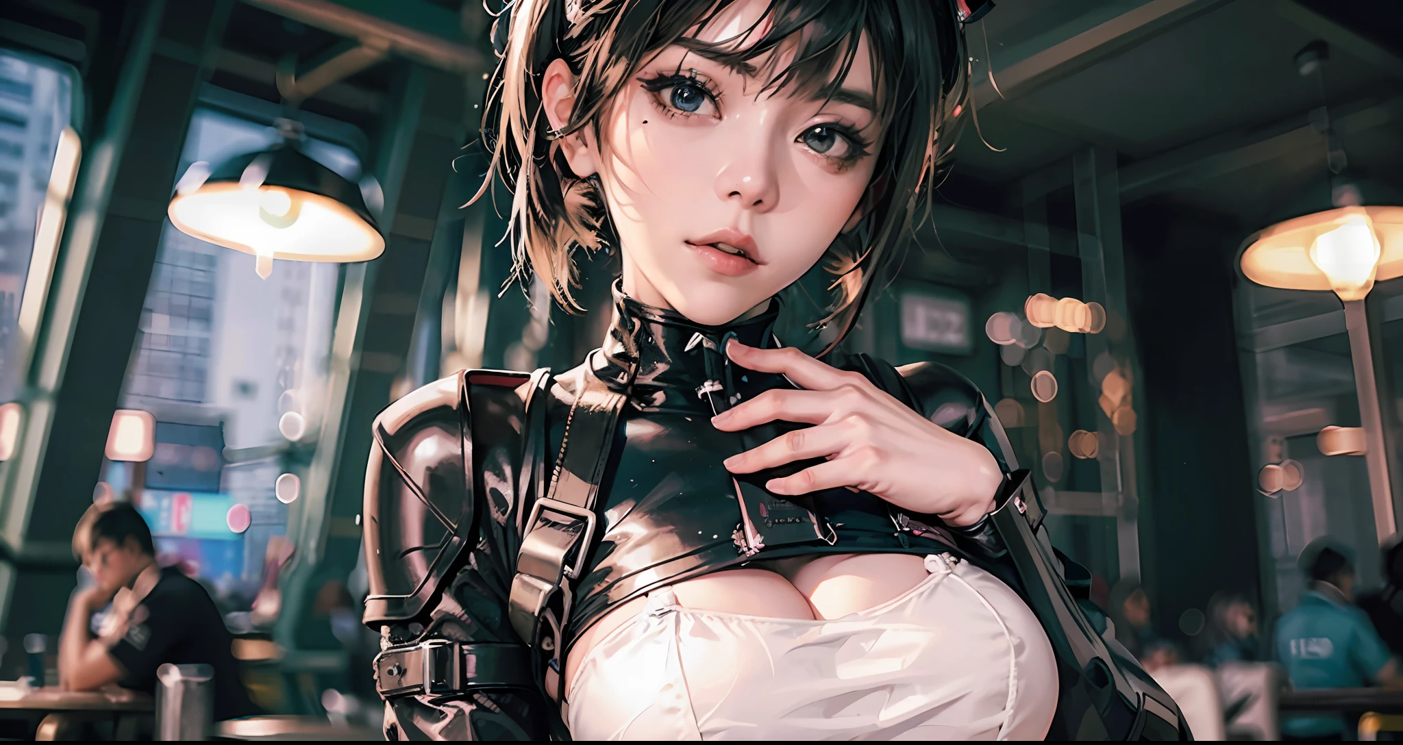 there is a woman with small breasts and massive hips in a corset and a black and white outfit, with Fishnet on breasts, humble outfit, wearing techwear and armor, cyberpunk outfit, wearing japanese techwear, intriguing outfit, all black cyberpunk clothes, cyberpunk style outfit, female cyberpunk anime girl, cyberpunk streetwear, cyberpunk dress, anime girl cosplay, photograph of a techwear woman, cyberpunk anime girl, wearing cyberpunk streetwear, maid outfit