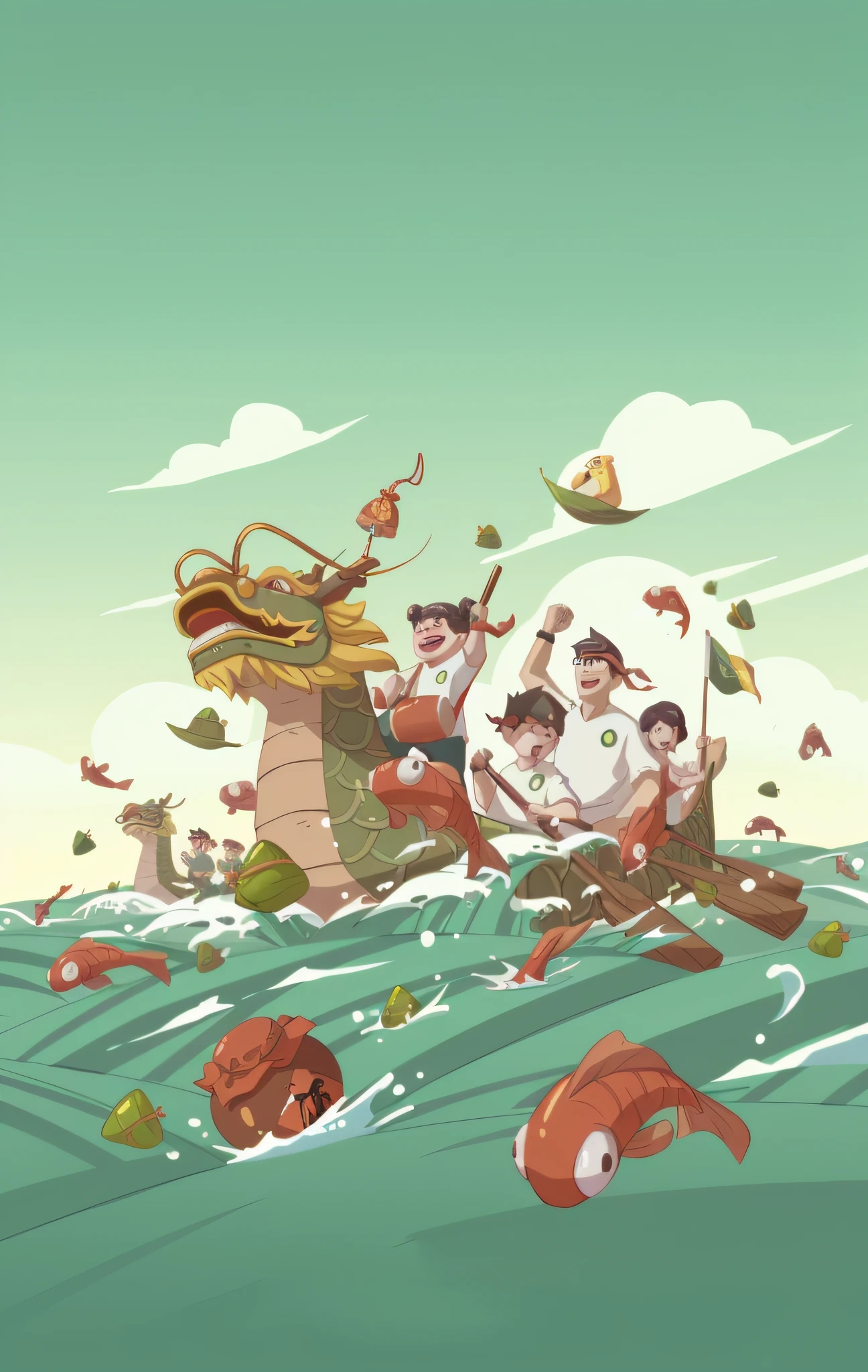cartoon illustration of a group of people in a boat with fish, a beautiful artwork illustration, in the style of sachin teng, full color illustration, editorial illustration, by Qu Leilei, sachin teng, game illustration, cover illustration, poster illustration, winning illustration, by Ryan Yee, 2. 5 d illustration, by Yan Hui, official illustration, inspired by NEVERCREW --auto --s2