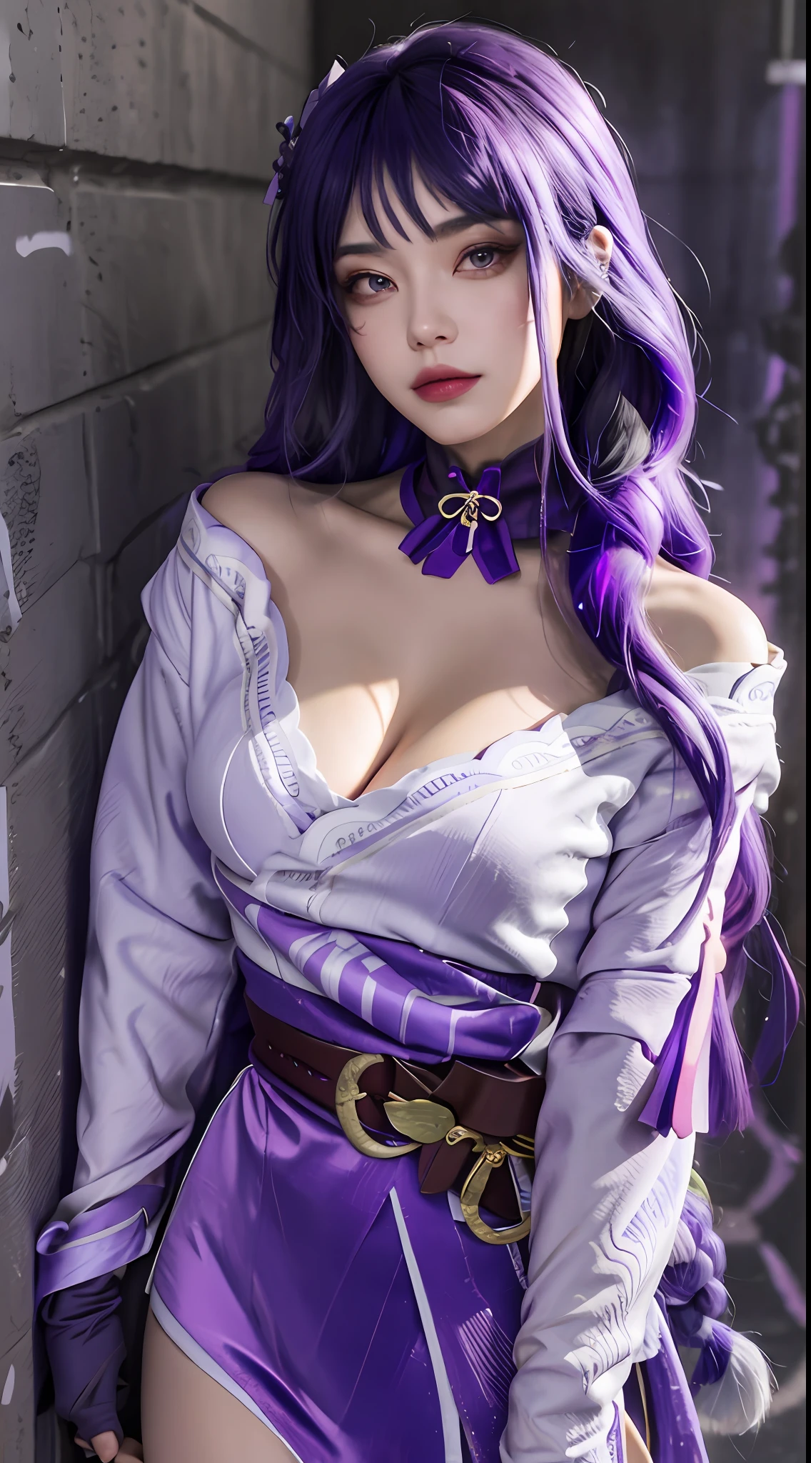 (masterpiece, best quality, 1girl, solo, intricate details, chromatic aberration), realistic, ((medium breath)),long hair, purple hair, purple head ornament, purple highlights, hair over one eye, green eyes, sharp eyes, choker, neon shirt, torn legwear, open jacket, turtleneck sweater, against wall, brick wall, graffiti, dim lighting, alley ,look at viewer,